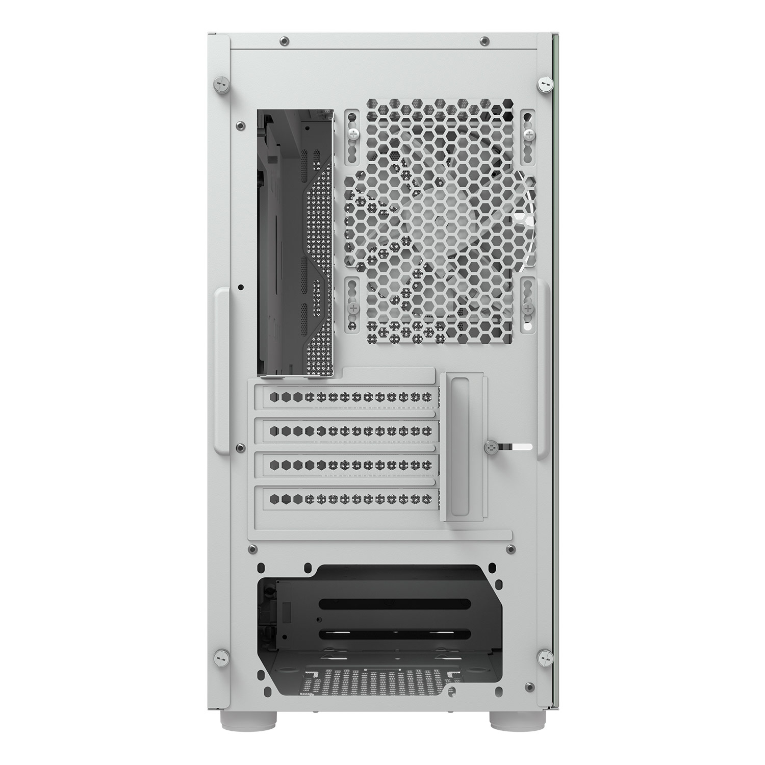 Vista posteriore di un case per computer bianco. Mostra il pannello posteriore con porte, una ventola e punti di montaggio.