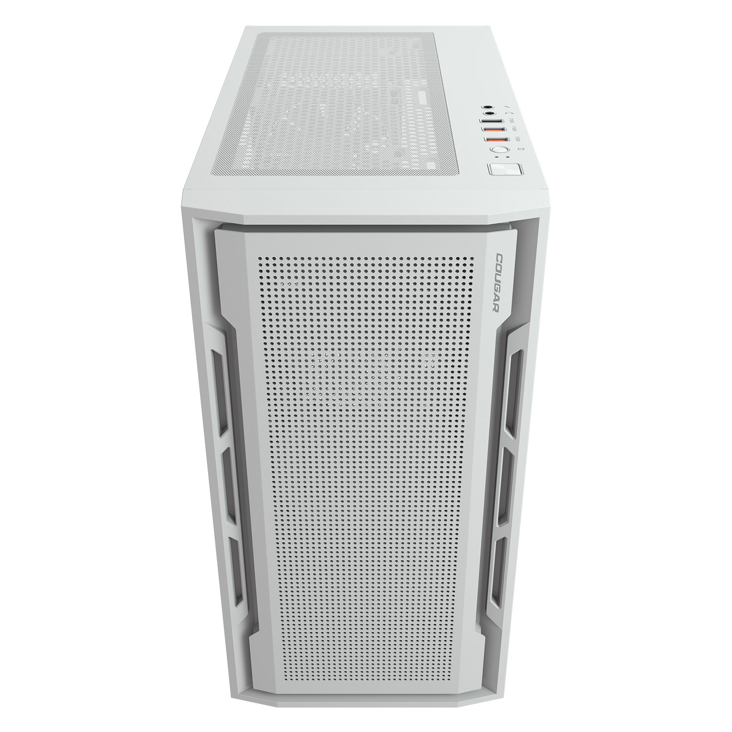 Vista dall'alto di un case per computer bianco. Ha mesh e porte sulla parte superiore, con il marchio COUGAR.