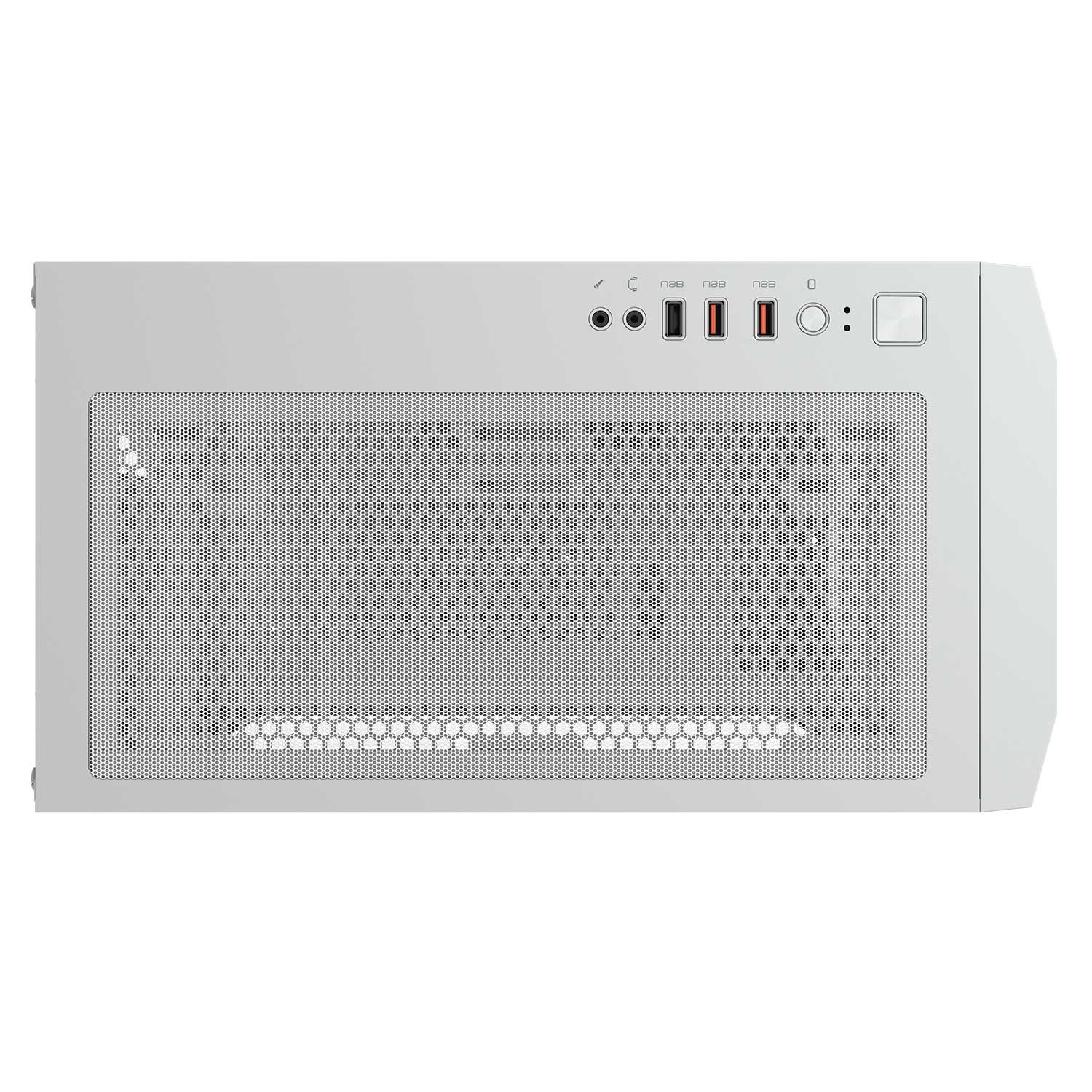 Vista frontale di un case per computer bianco. Ha un pannello frontale a rete e porte. Il marchio è in alto.