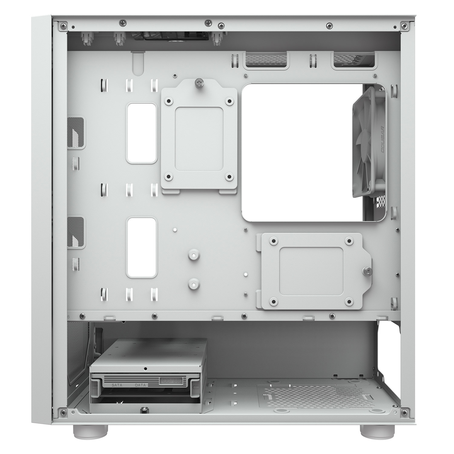 Interno di un case per computer bianco. Mostra lo spazio per i componenti, con una ventola e un alloggiamento per HDD.