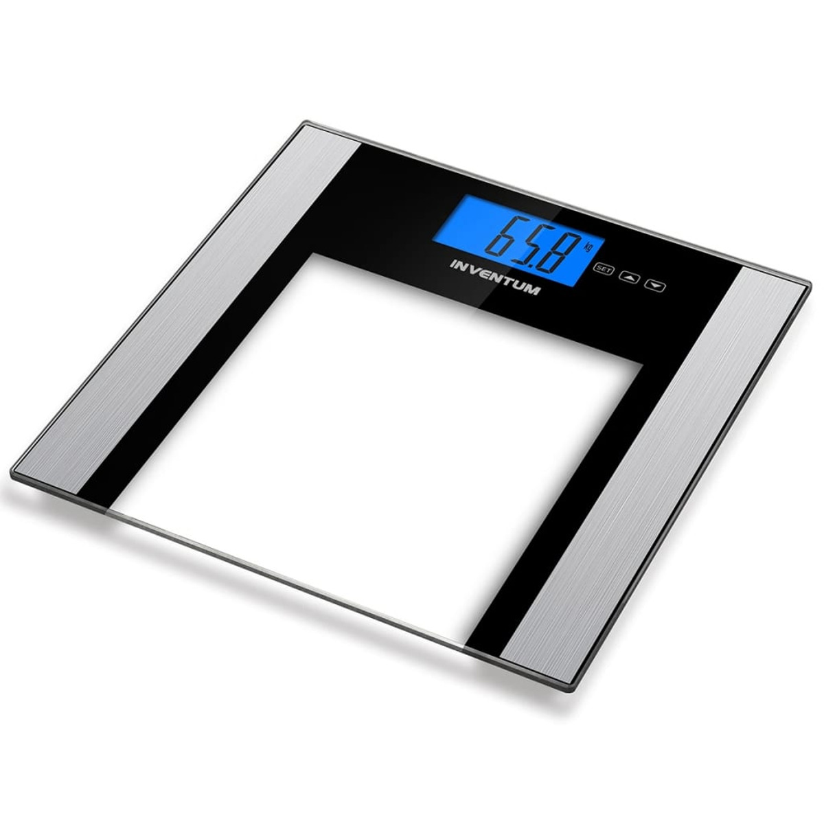 Bilancia digitale da bagno che mostra '65,8' kg. Ha un bordo nero e una superficie argentata.