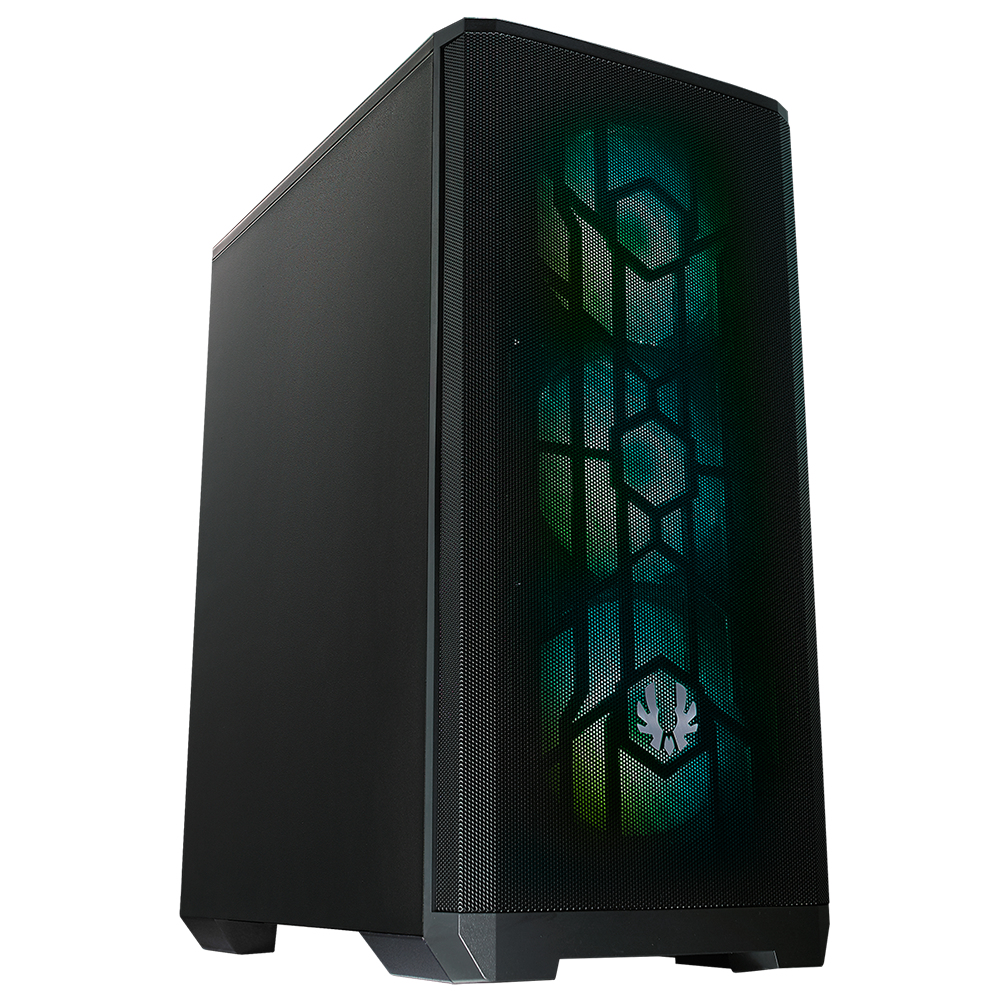 Czarna obudowa komputera z przednim panelem z siatki i światłami RGB widocznymi przez siatkę.