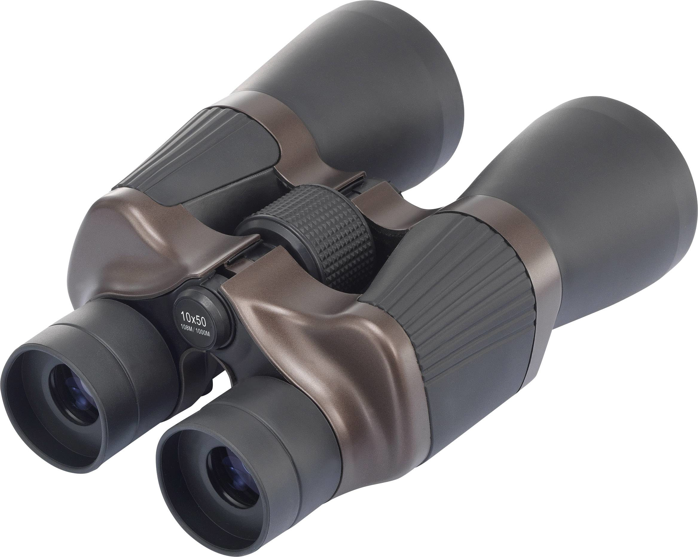 Czarna i brązowa lornetka. Pokrętło ostrości i regulacja na górze.