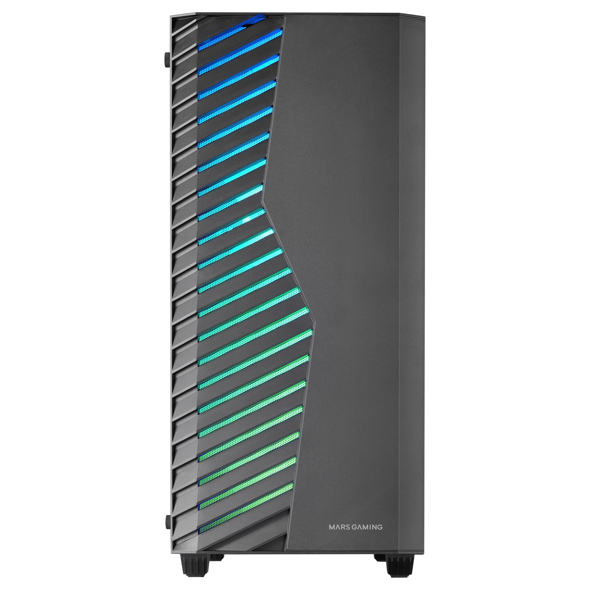 Case per computer nero. Pannello frontale con luci RGB. Logo MARS GAMING.
