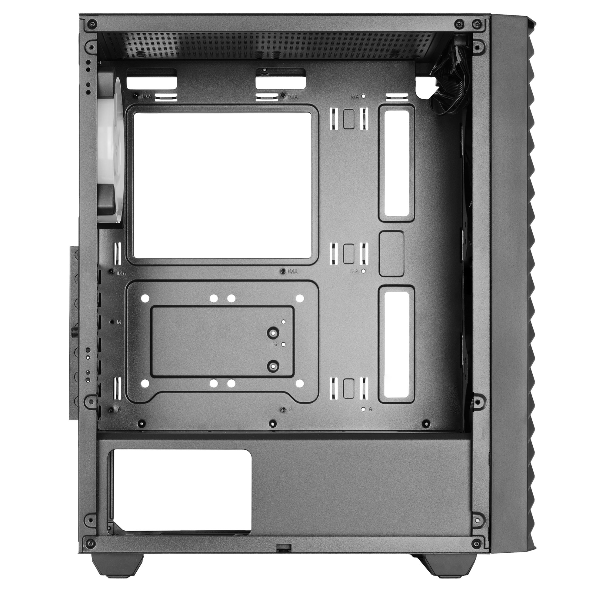 Telaio del case del computer. Interno aperto. Fori per i componenti.