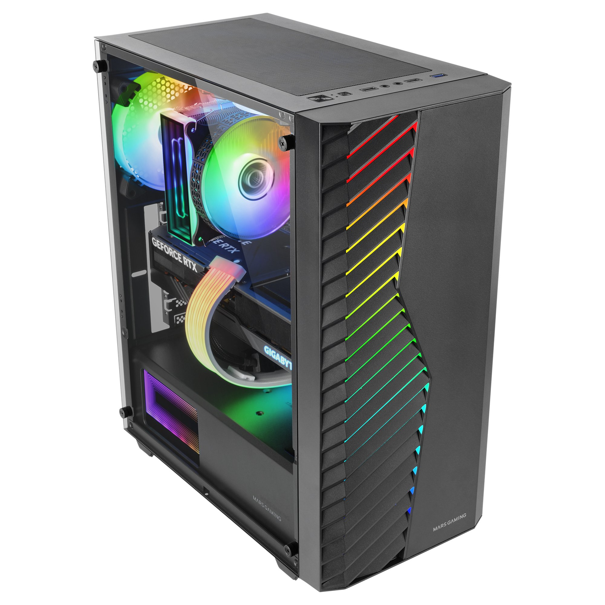 Case per computer nero. Pannello laterale in vetro. Luci RGB e componenti interni visibili.