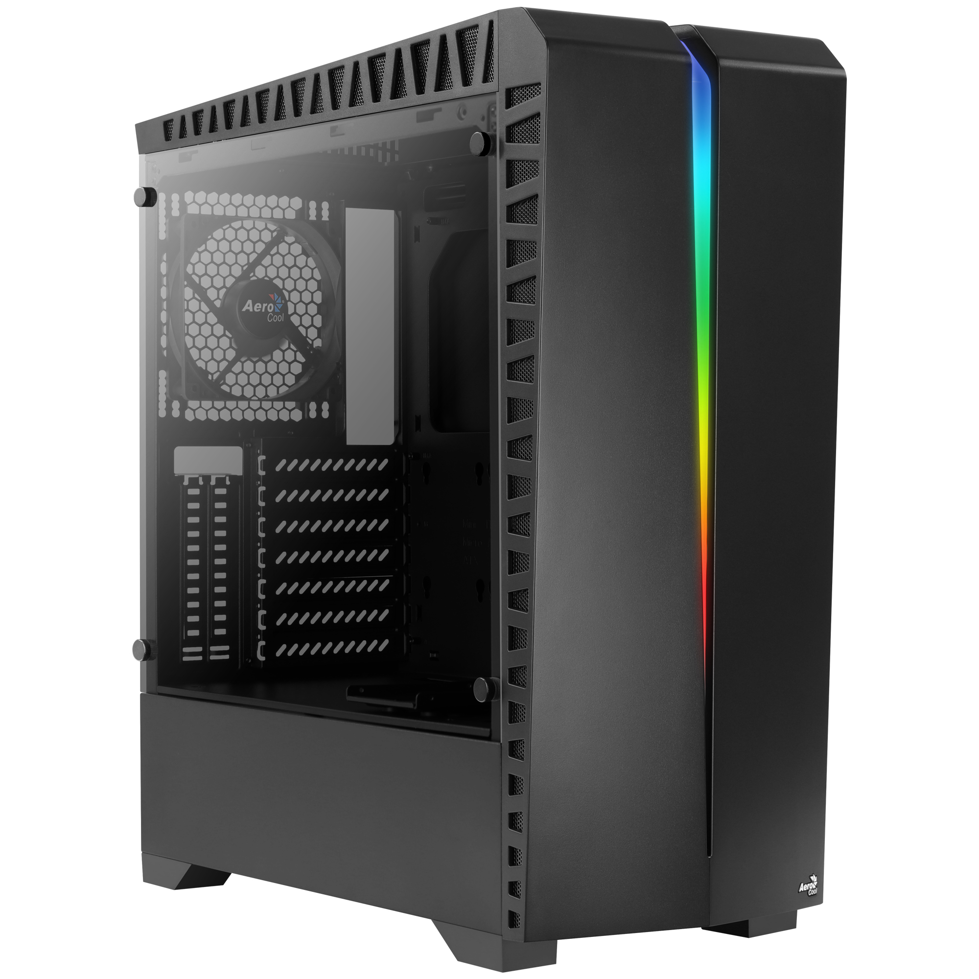 Case per computer nero con pannello laterale in vetro. Marchio Aerocool. Illuminazione RGB. Ventola all'interno.