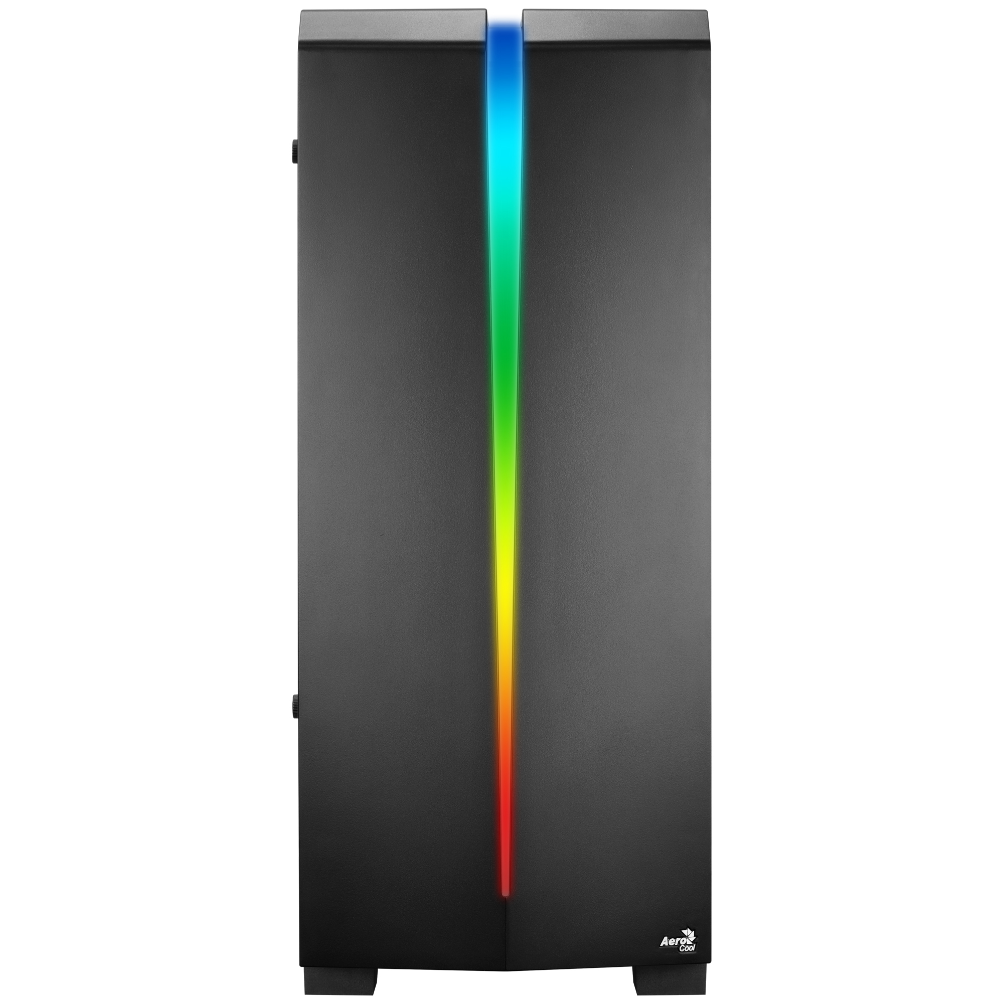 Case PC nero con striscia luminosa RGB verticale. Logo Aero in basso.