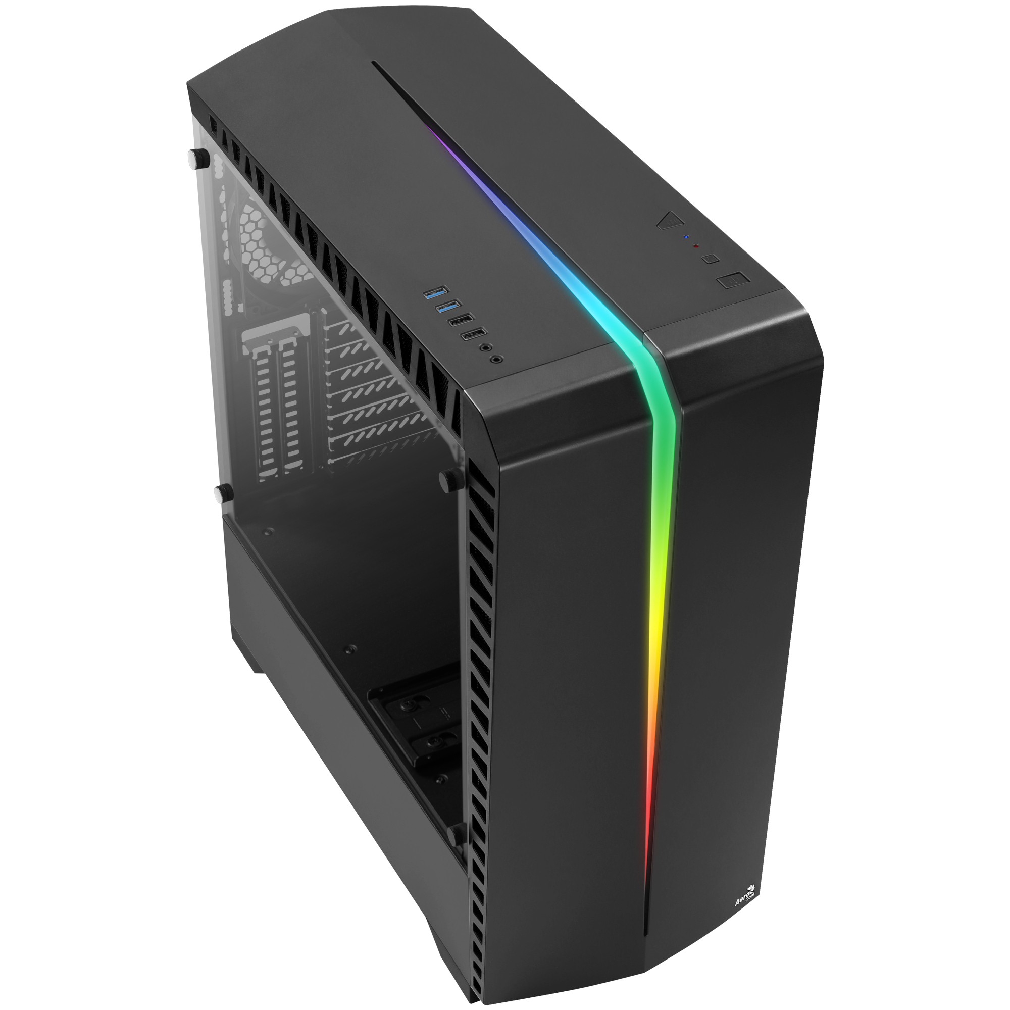 Case per computer nero con pannello laterale in vetro. Marchio Aerocool. Illuminazione RGB sulla parte superiore.