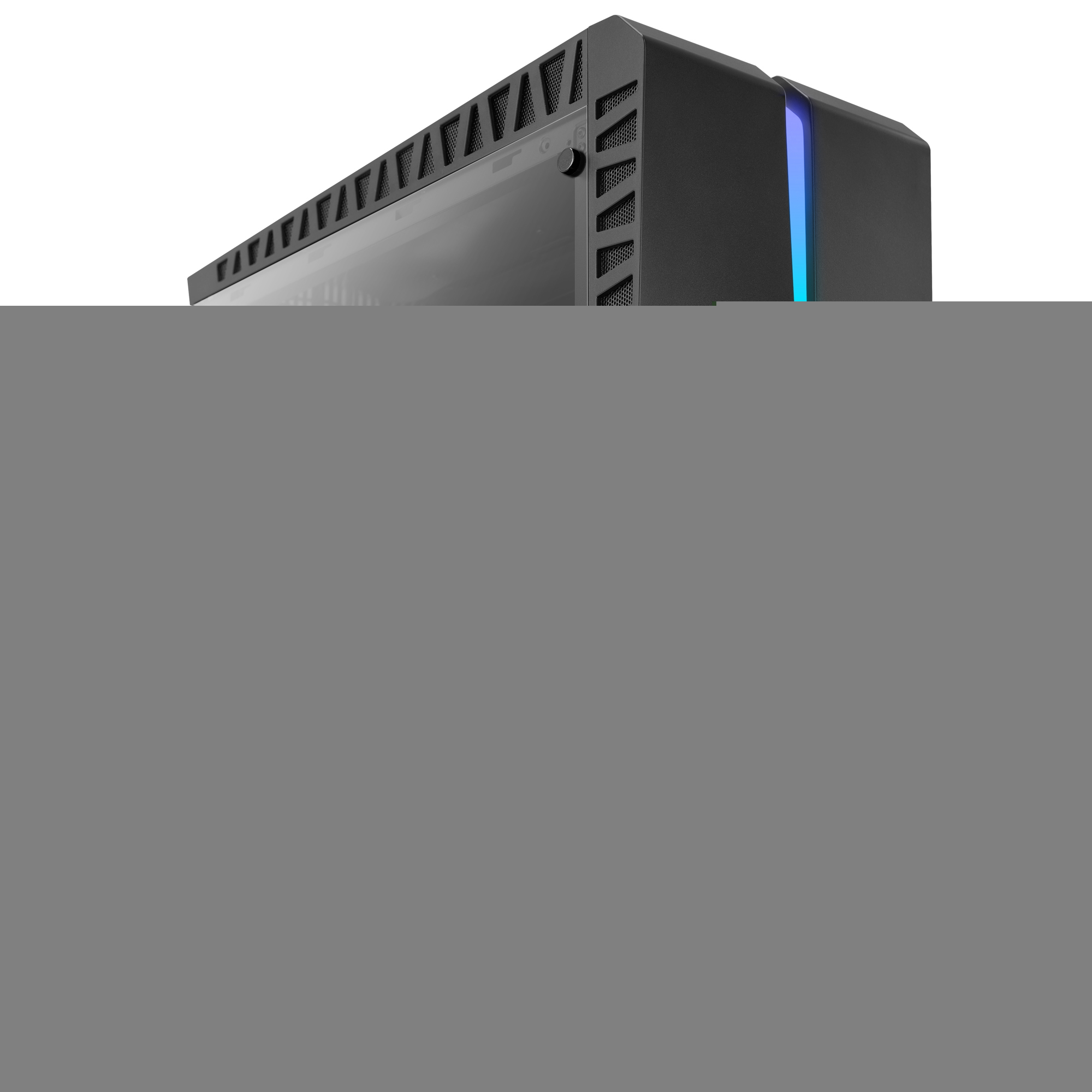 Case PC nero con lato in vetro. Luci blu e verdi sul lato.
