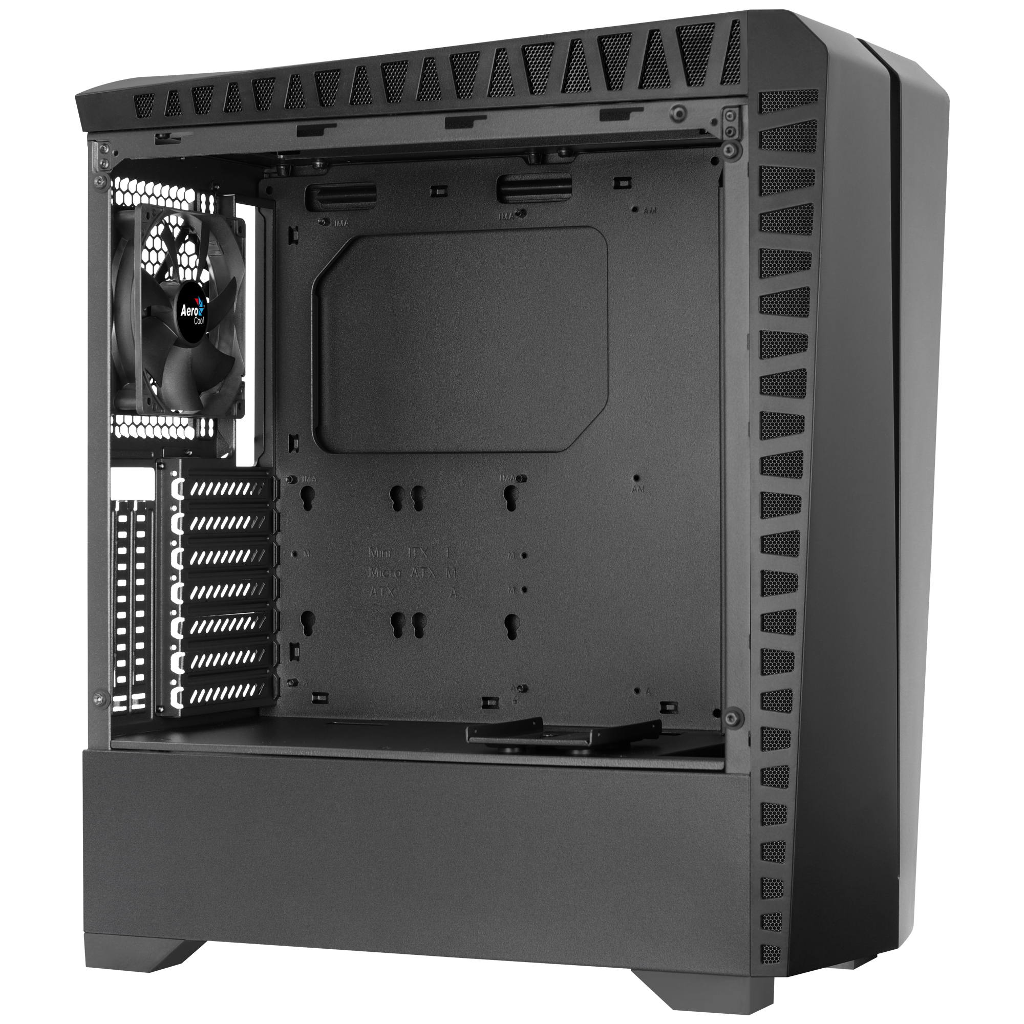 Interno di case per computer nero. Ventola e prese d'aria visibili. Marchio Aerocool. Vista interna vuota.