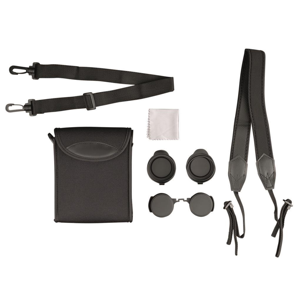 Czarne akcesoria do lornetki: pasek, etui, osłony obiektywów i ściereczka do czyszczenia.