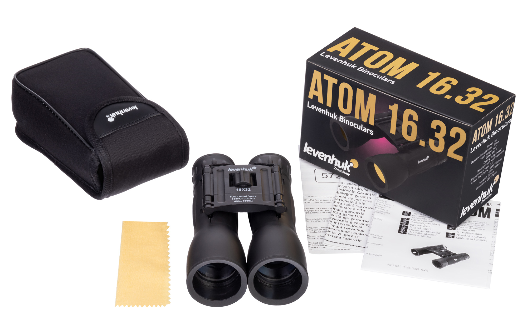 Binocolo e accessori in una scatola. Il marchio è Levenhuk Atom 16.32.