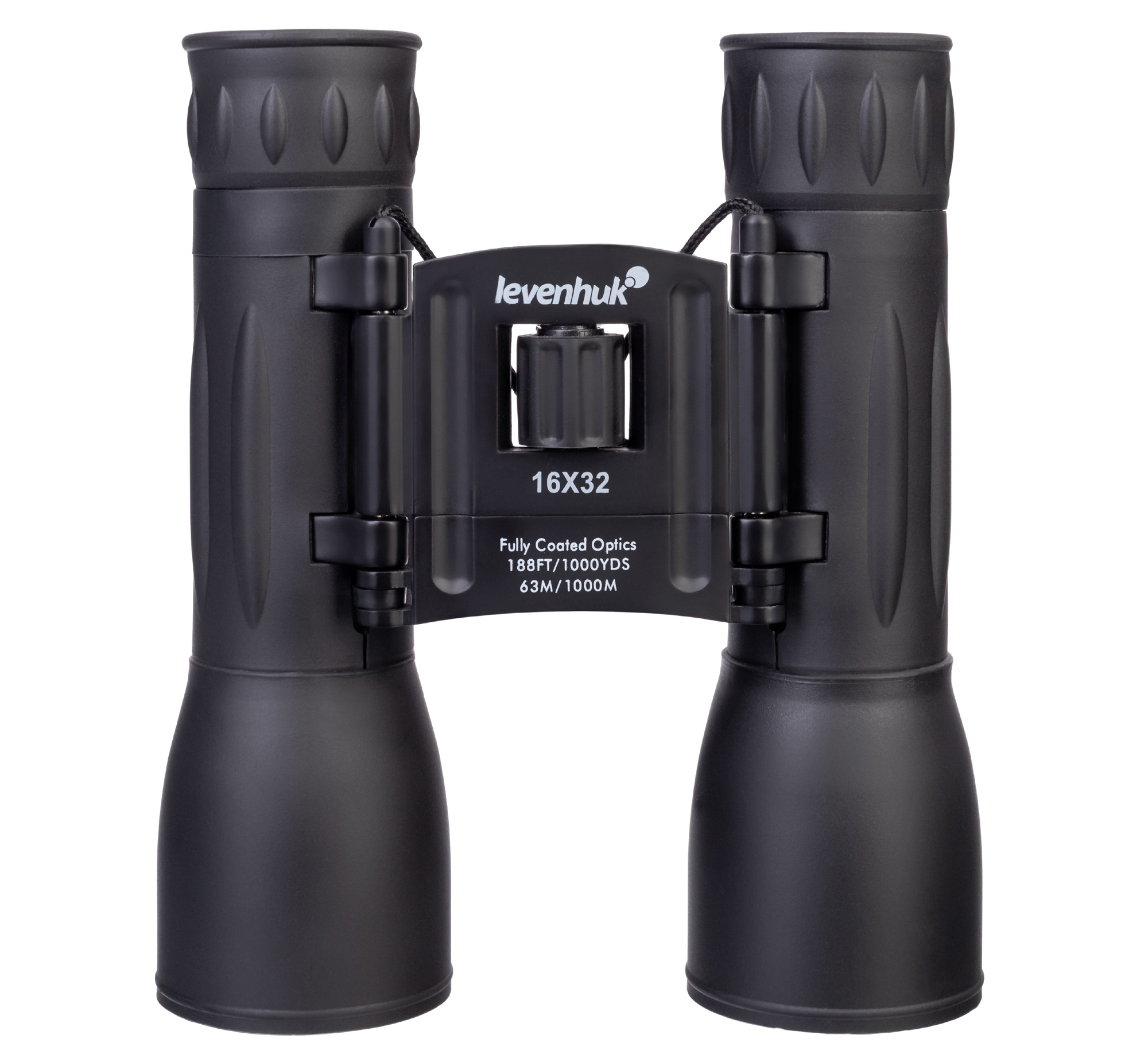 Binocolo nero con rotella di regolazione centrale. Il marchio è Levenhuk 16x32.