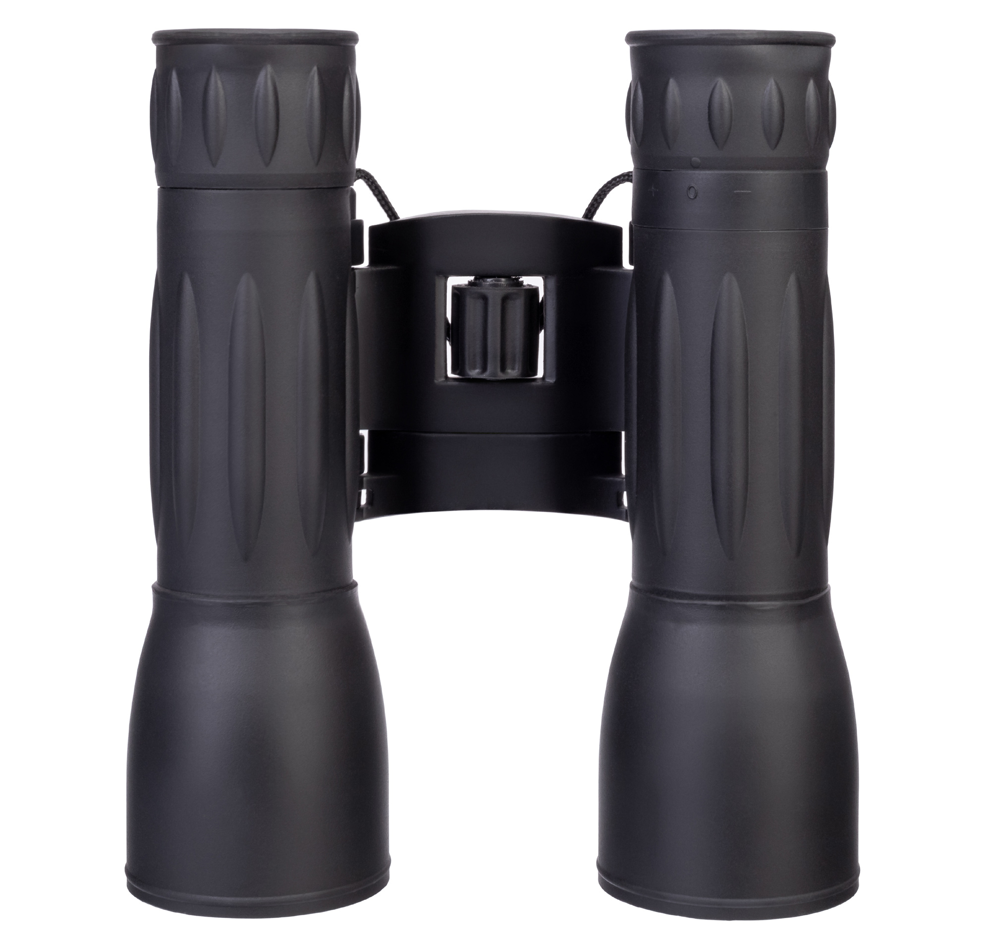Binocolo nero su sfondo bianco. Due oculari, rotella di messa a fuoco e cerniera.