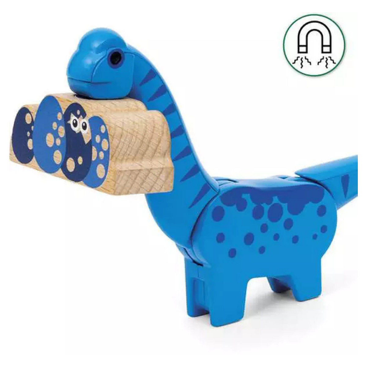 Niebieska zabawka dinozaura niosąca drewniane jaja. Zabawka ma długą szyję i grochy.