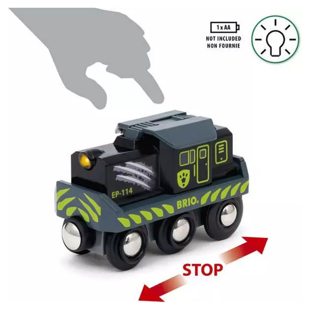 Czarny pociąg zabawka z szarymi i zielonymi akcentami. Ręka wskazuje na niego, z znakiem stopu.