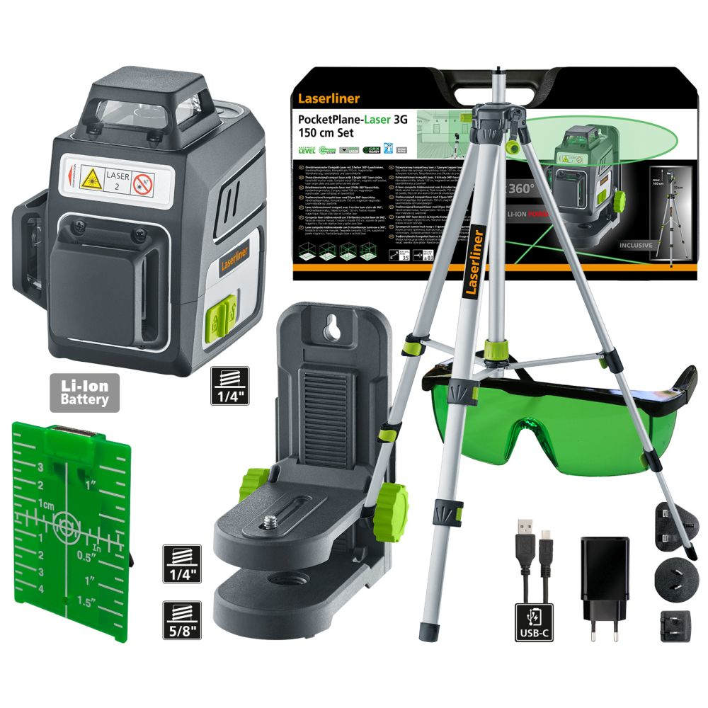 Laser-Nivellier-Set. Enthält Nivelliergerät, Stativ, Brille, Akku, Ladegerät und Zubehör.