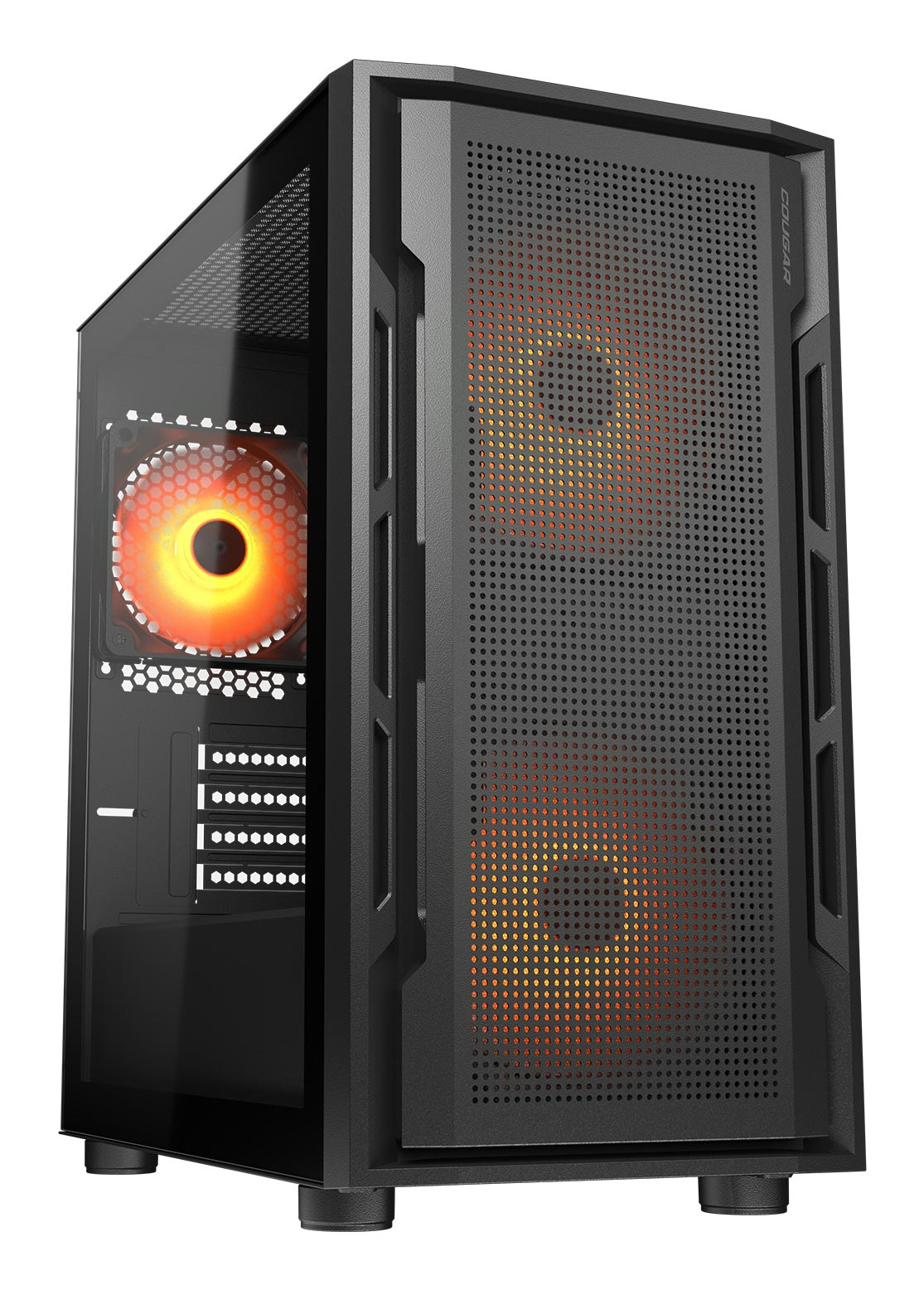 Case PC nero con frontale a rete. Due ventole arancioni visibili. Pannello laterale in vetro. Logo Cougar.