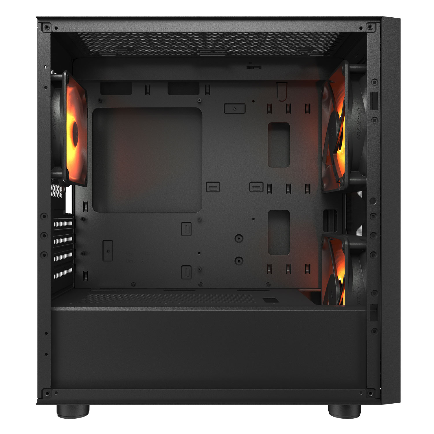 Interno di un case PC nero. Due ventole arancioni. Spazio vuoto. Sfondo nero.
