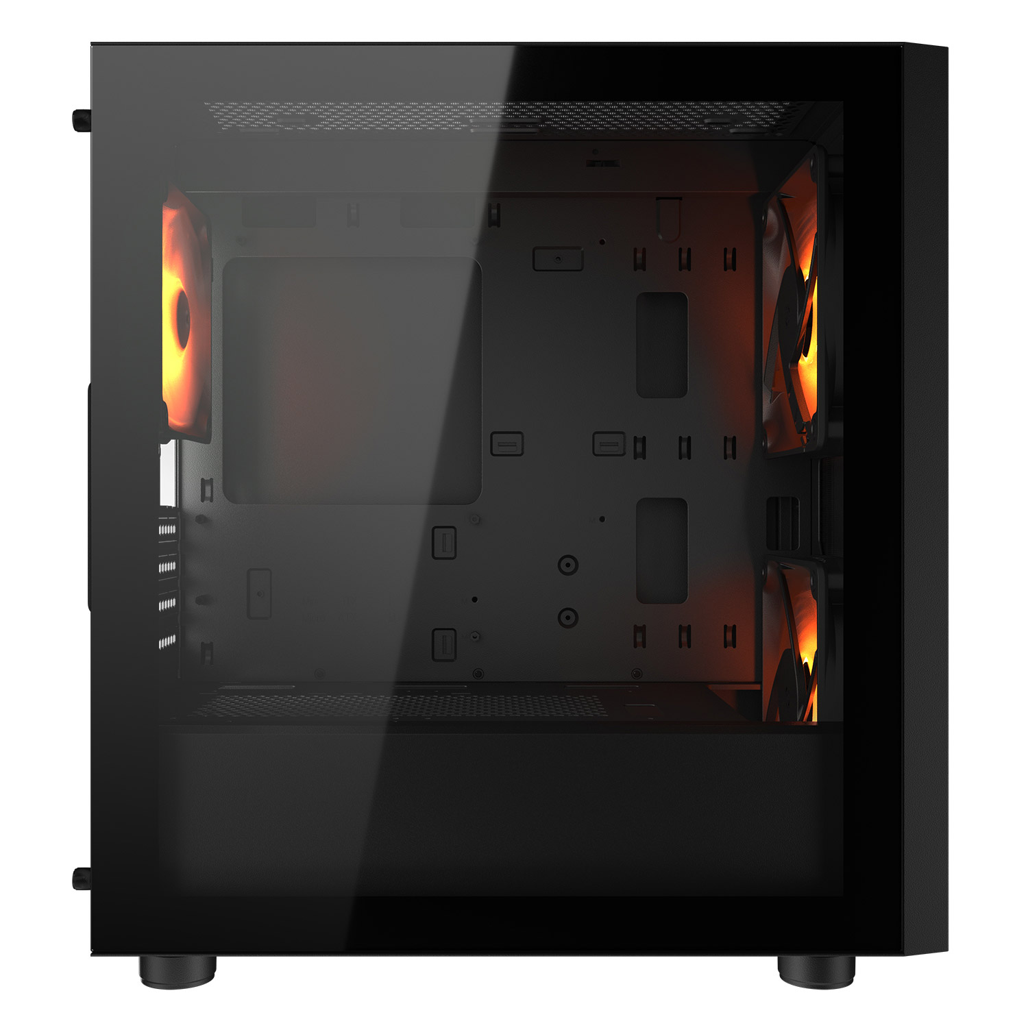Interno di un case PC nero. Due ventole arancioni. Lato in vetro. Sfondo nero.