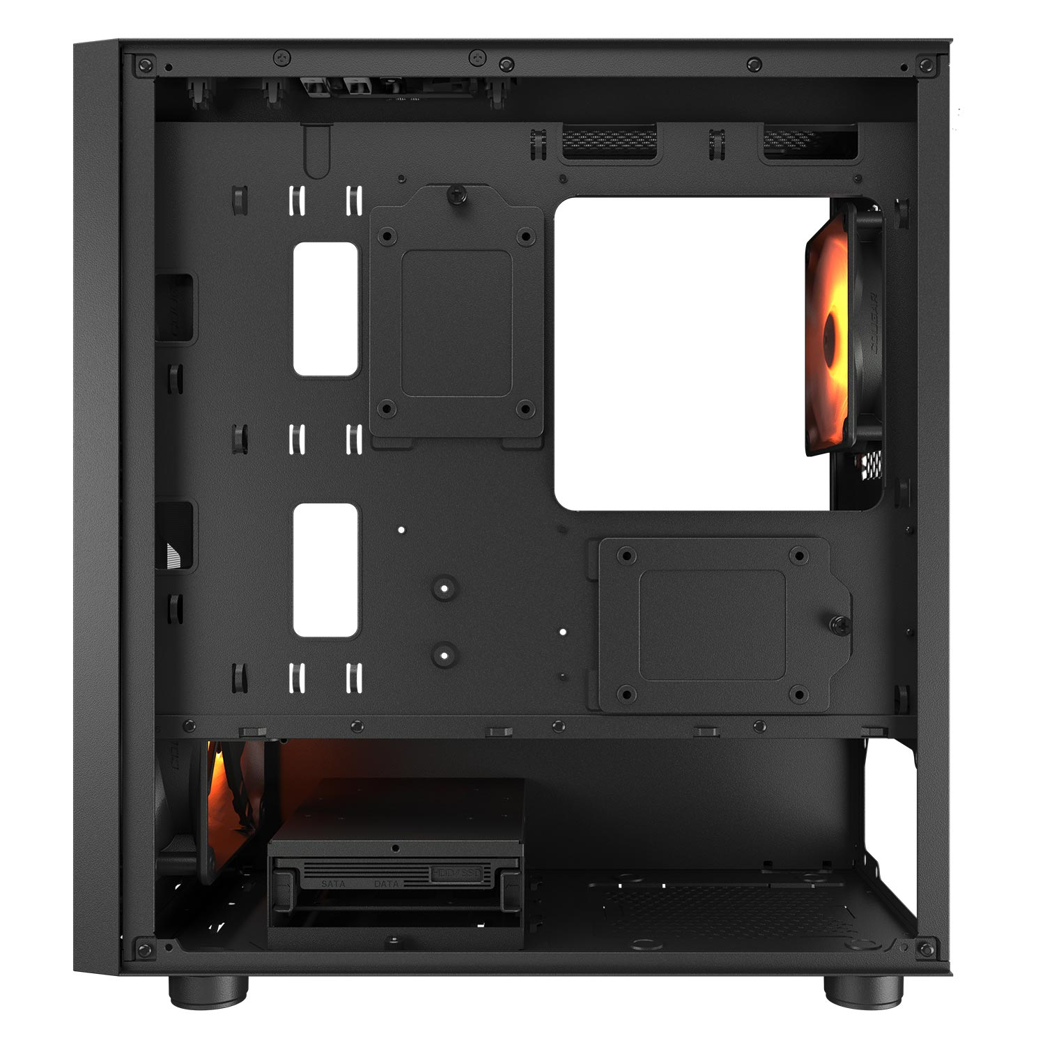 Interno di un case PC nero. Vuoto, con spazio per i componenti. Ventola arancione visibile. Sfondo nero.