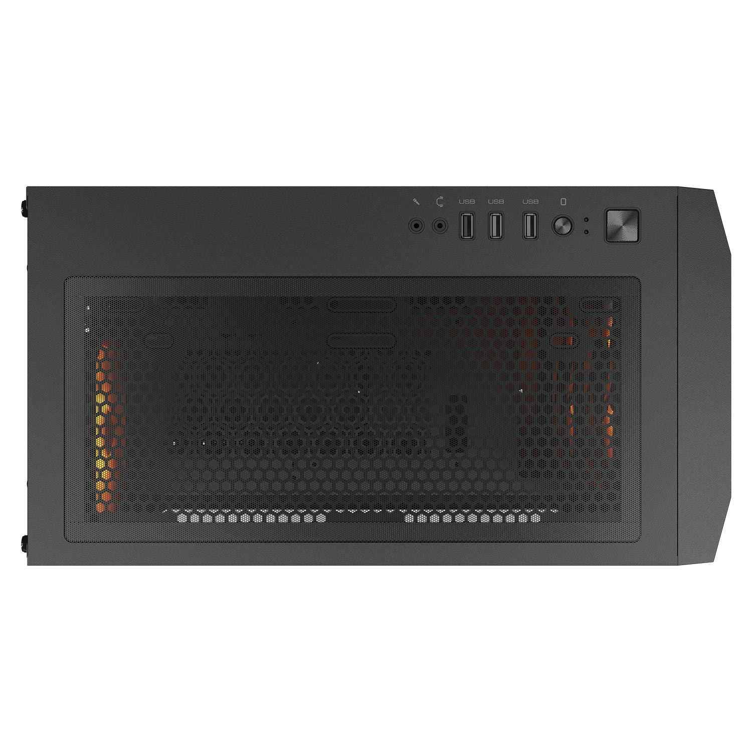 Case PC nero, vista dall'alto. Parte superiore in rete. Due ventole arancioni visibili. Sfondo nero.