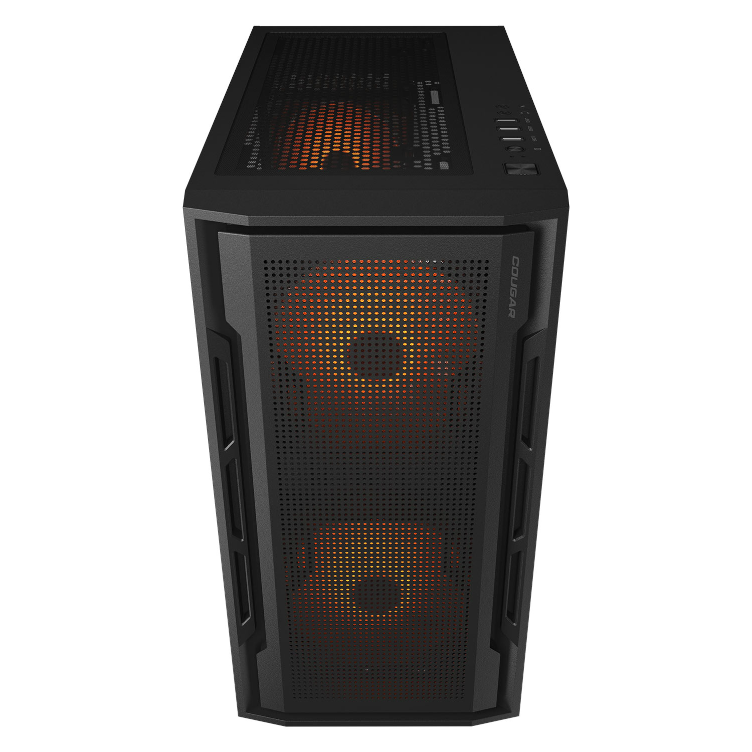 Case PC nero, vista dall'alto. Parte superiore in rete con logo Cougar. Due ventole arancioni visibili all'interno.