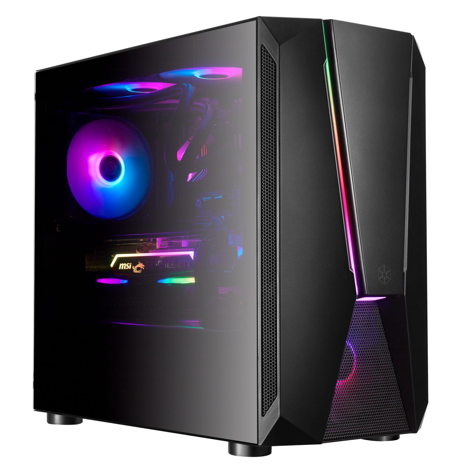 Case per computer nero con pannello laterale in vetro, che mostra i componenti interni con illuminazione colorata.