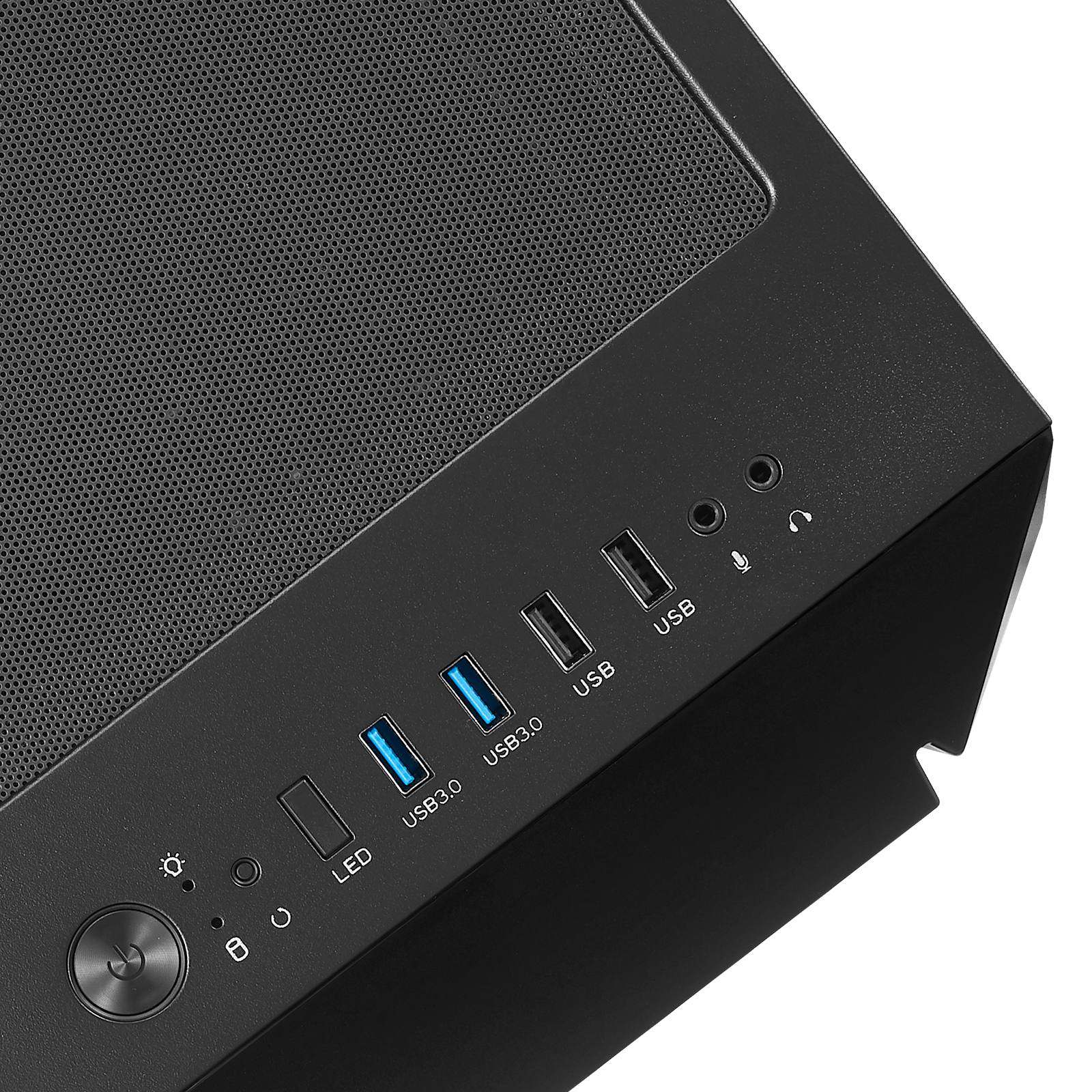 Primo piano della parte superiore di un case per computer con porte, tra cui USB e jack audio.