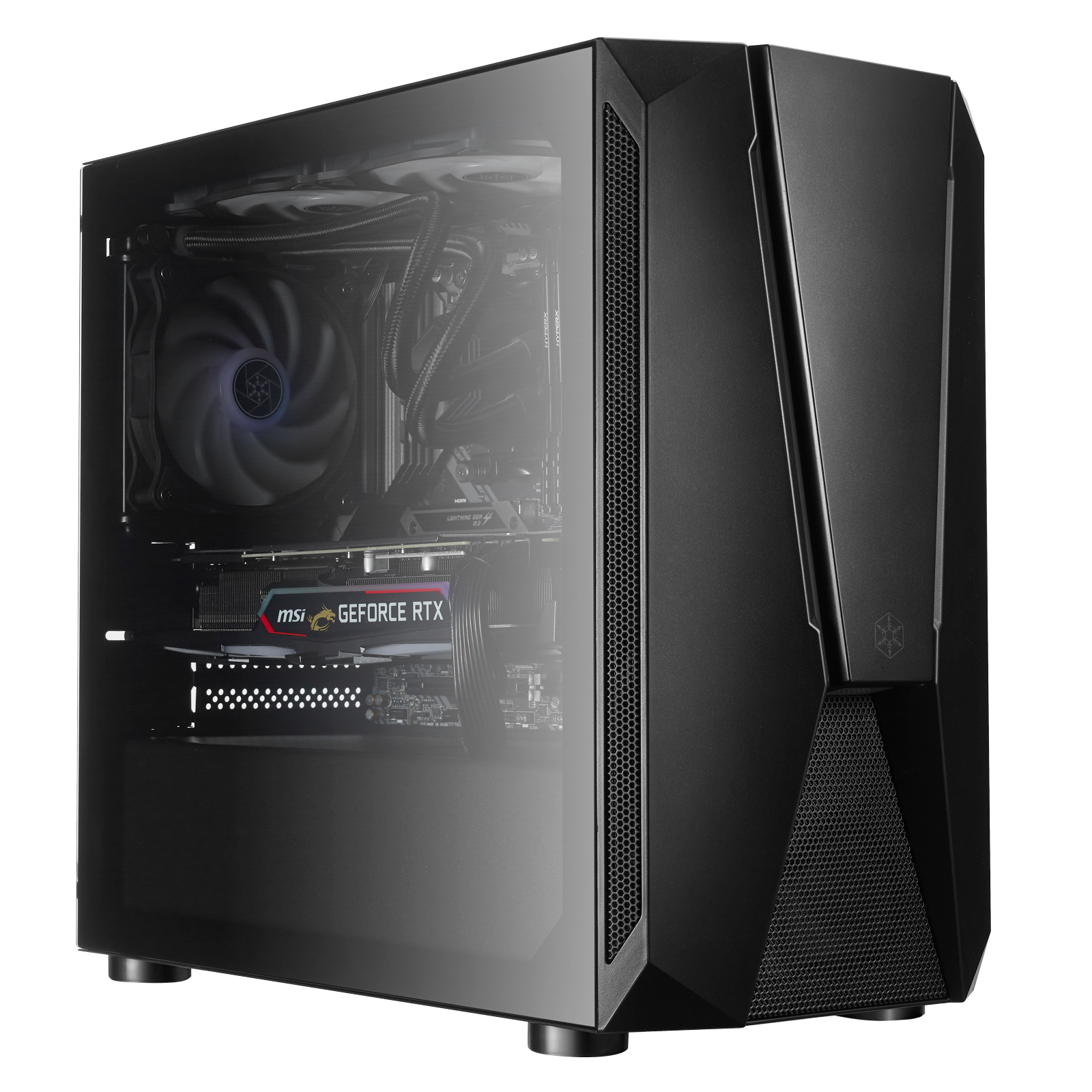 Case per computer nero con pannello laterale trasparente. All'interno, componenti PC visibili, tra cui una ventola.