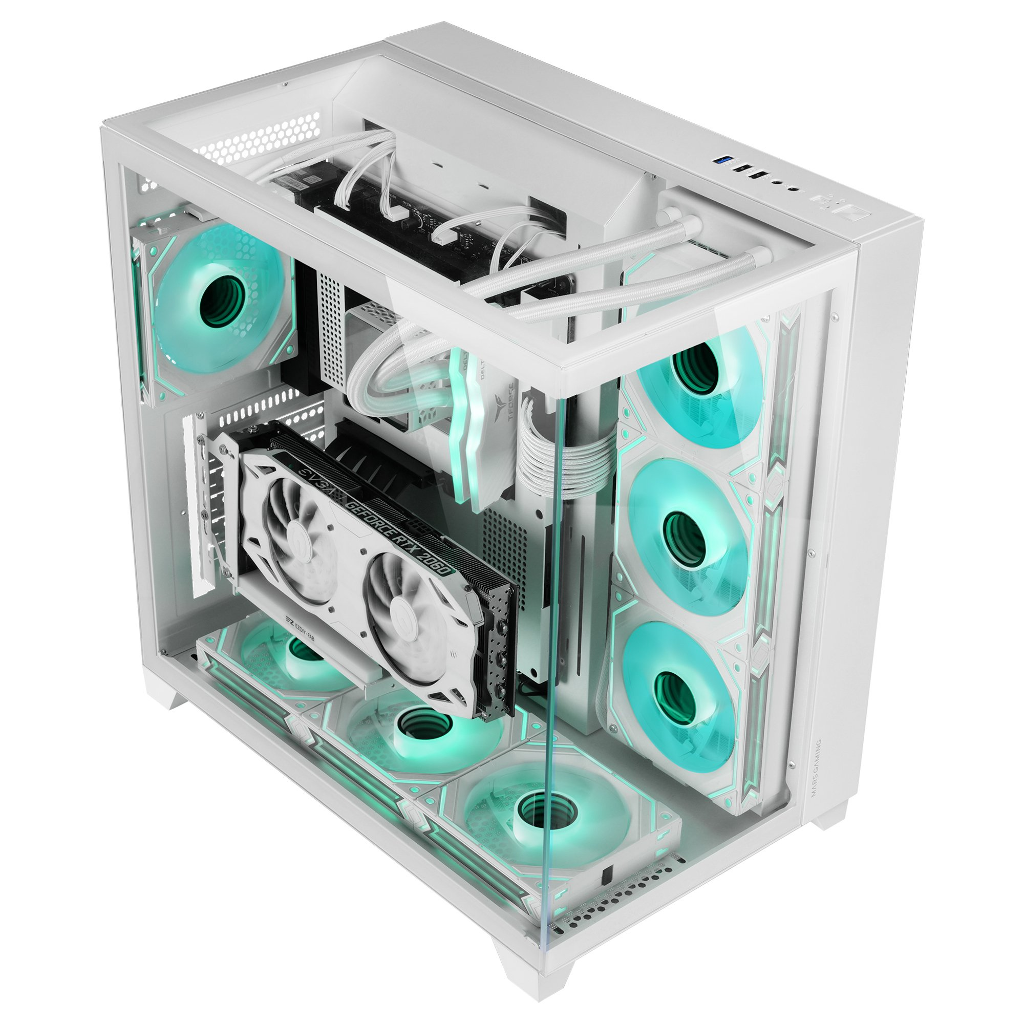 Biała obudowa komputera z przezroczystym panelem bocznym. Wewnątrz białe komponenty i niebiesko podświetlane wentylatory, z kąta.