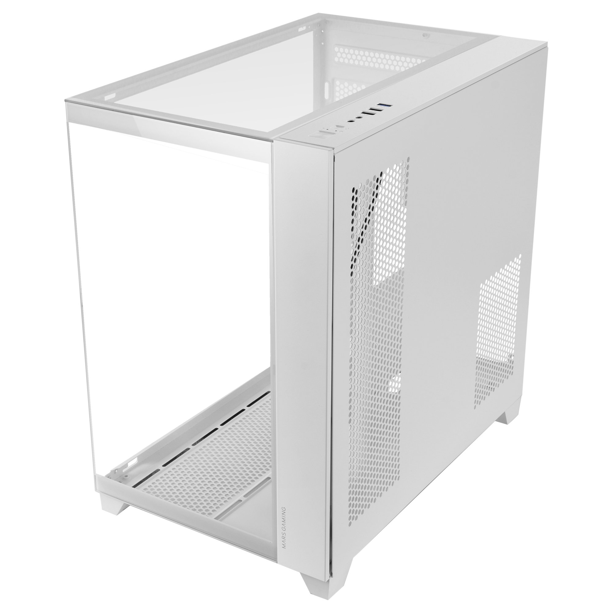 Biała obudowa komputera ze szklanym bokiem, prezentująca swoją wewnętrzną strukturę.