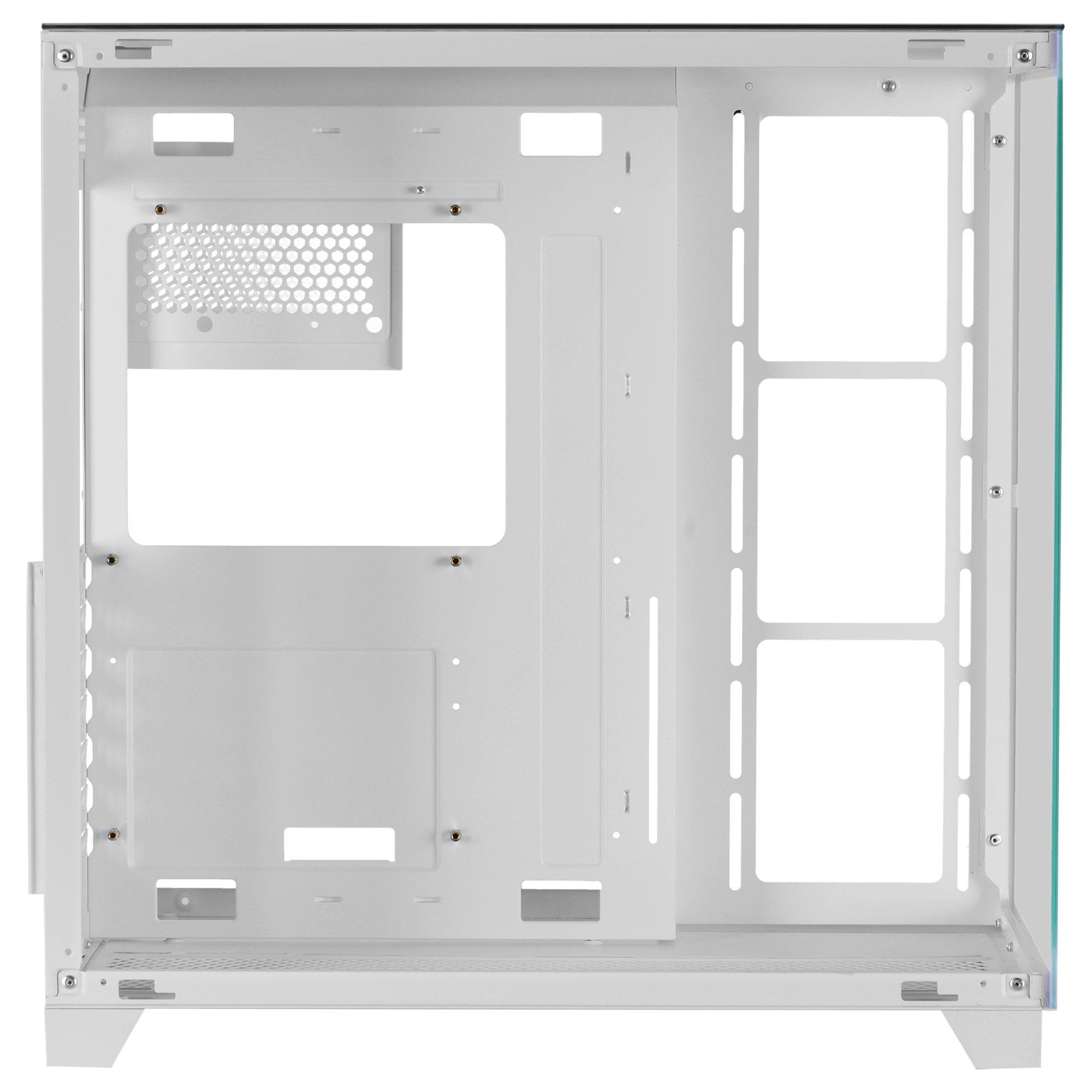 Obudowa komputera. Biała ze szklanym panelem bocznym, otwartym wnętrzem i wieloma otworami.