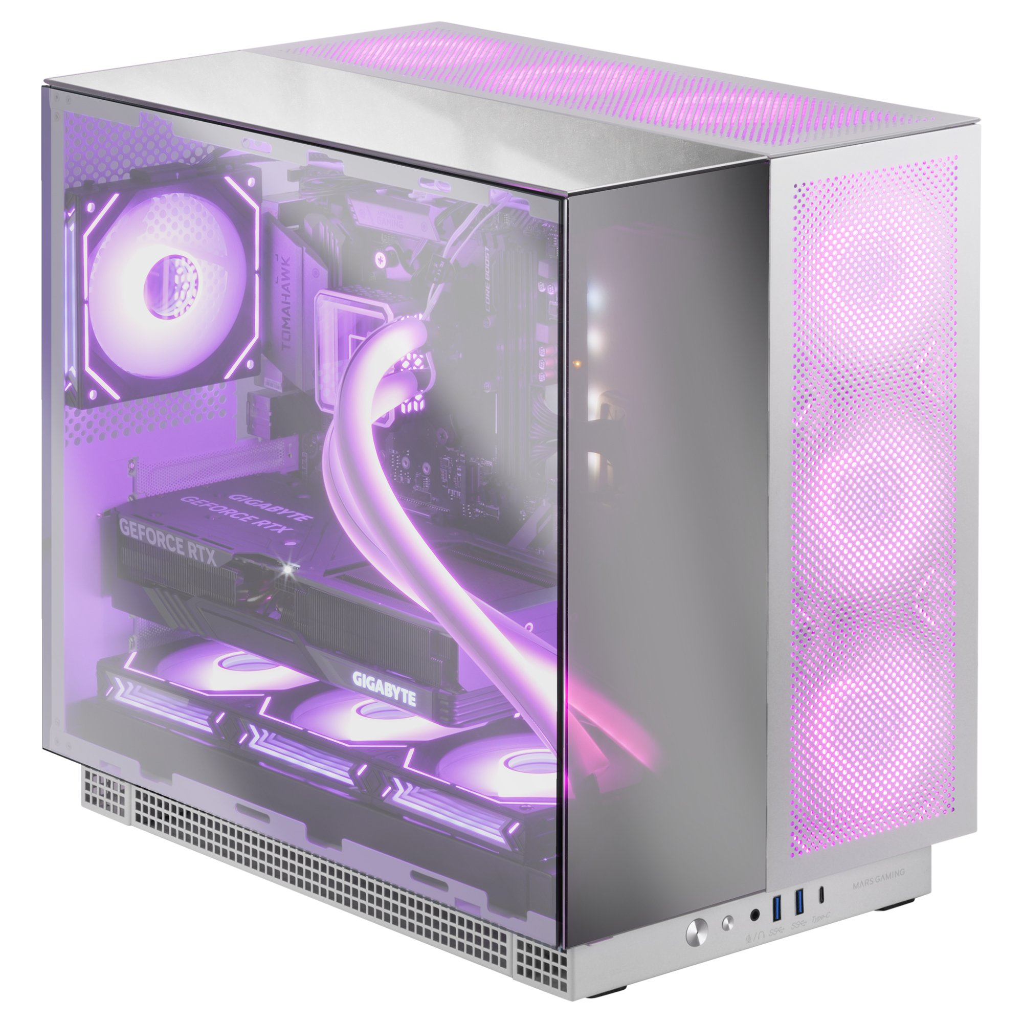 Case per computer argentato con componenti interni illuminati di viola. Pannello laterale trasparente. Raffreddamento a liquido.