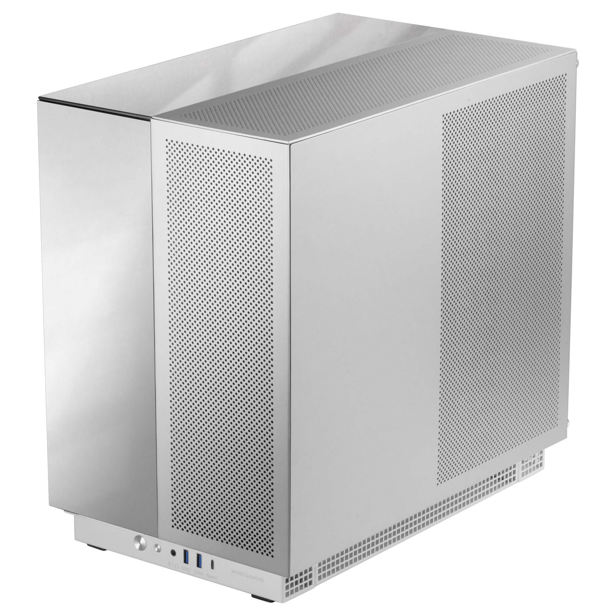Case PC argentato con pannello laterale perforato. Design moderno. Porte frontali. Montaggio superiore.