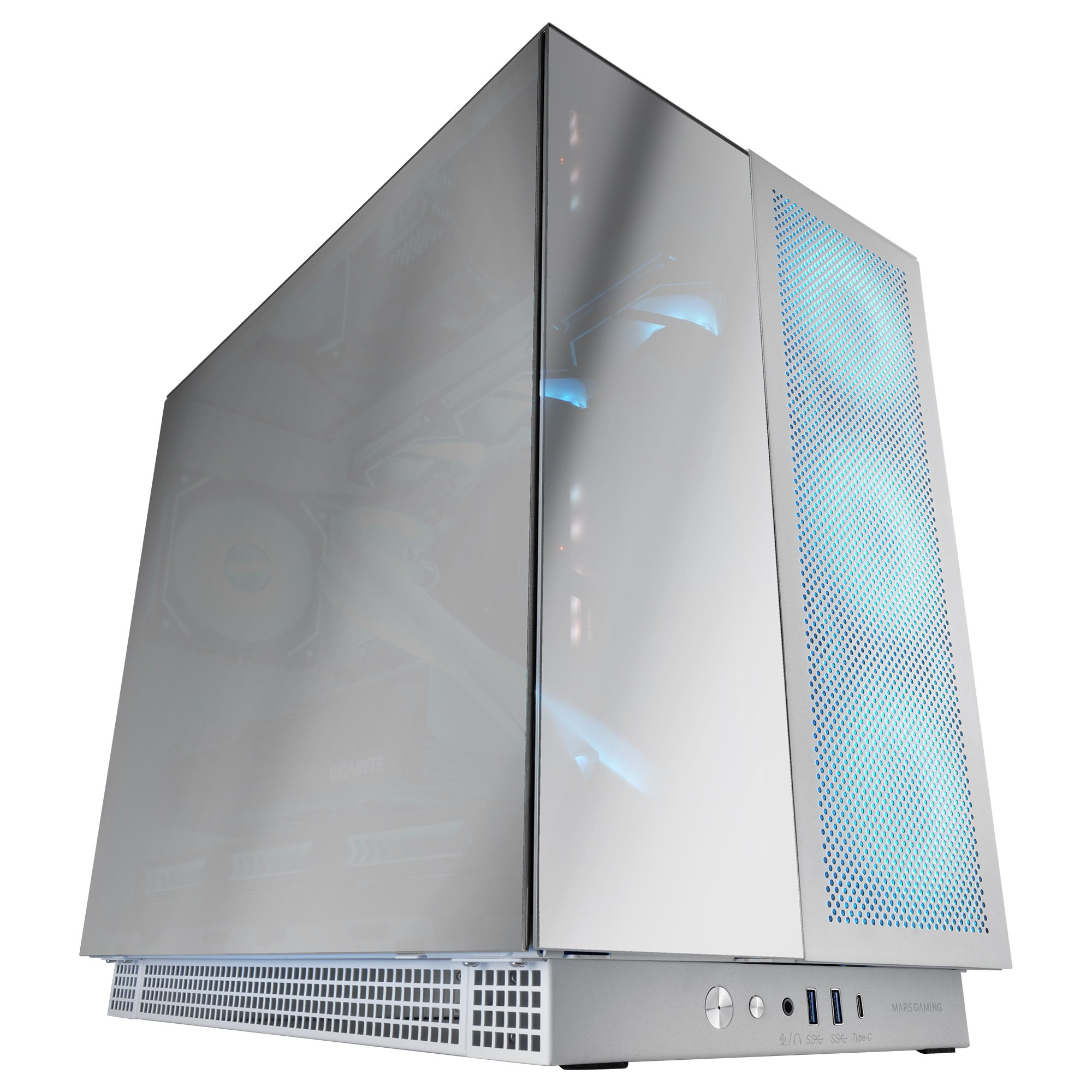Case per computer argentato con pannello laterale trasparente, mostra i componenti interni. L'illuminazione blu accentua il design.
