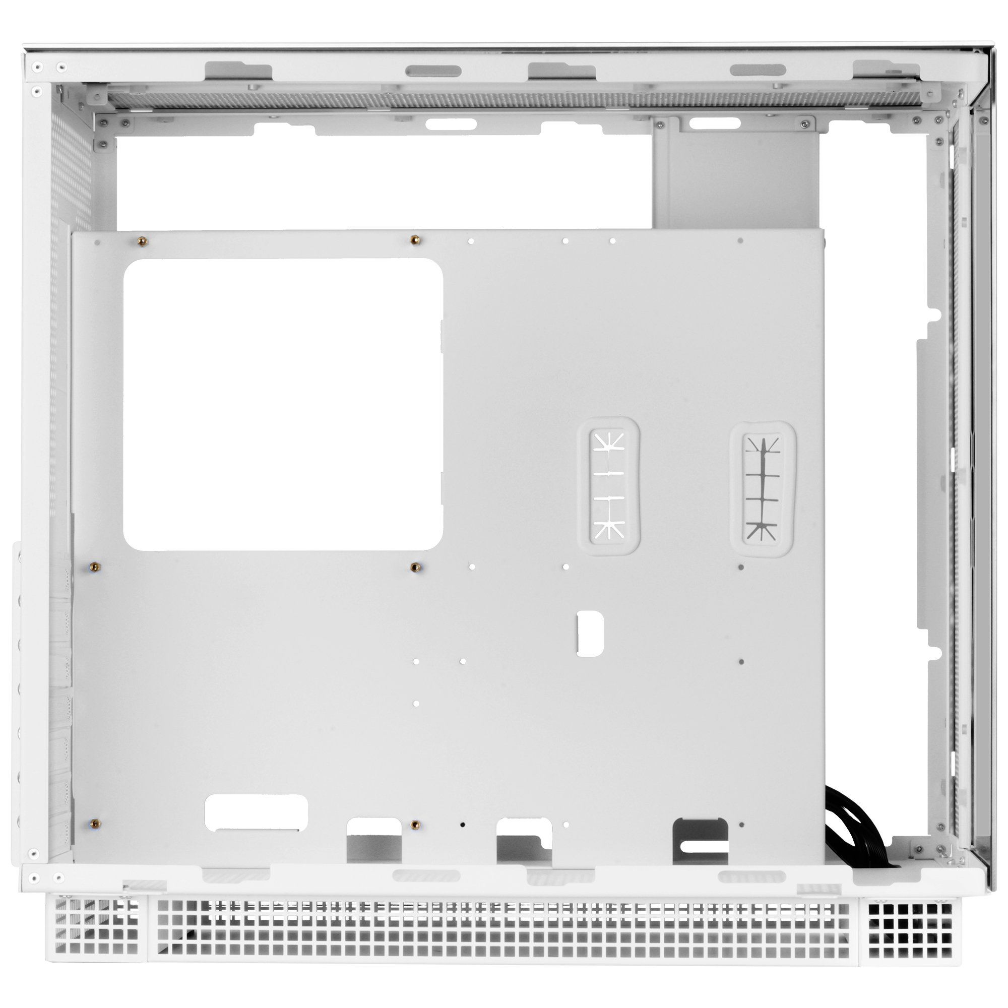 Interno di un case per computer bianco. Telaio vuoto con punti di montaggio. Area alimentatore e instradamento cavi.