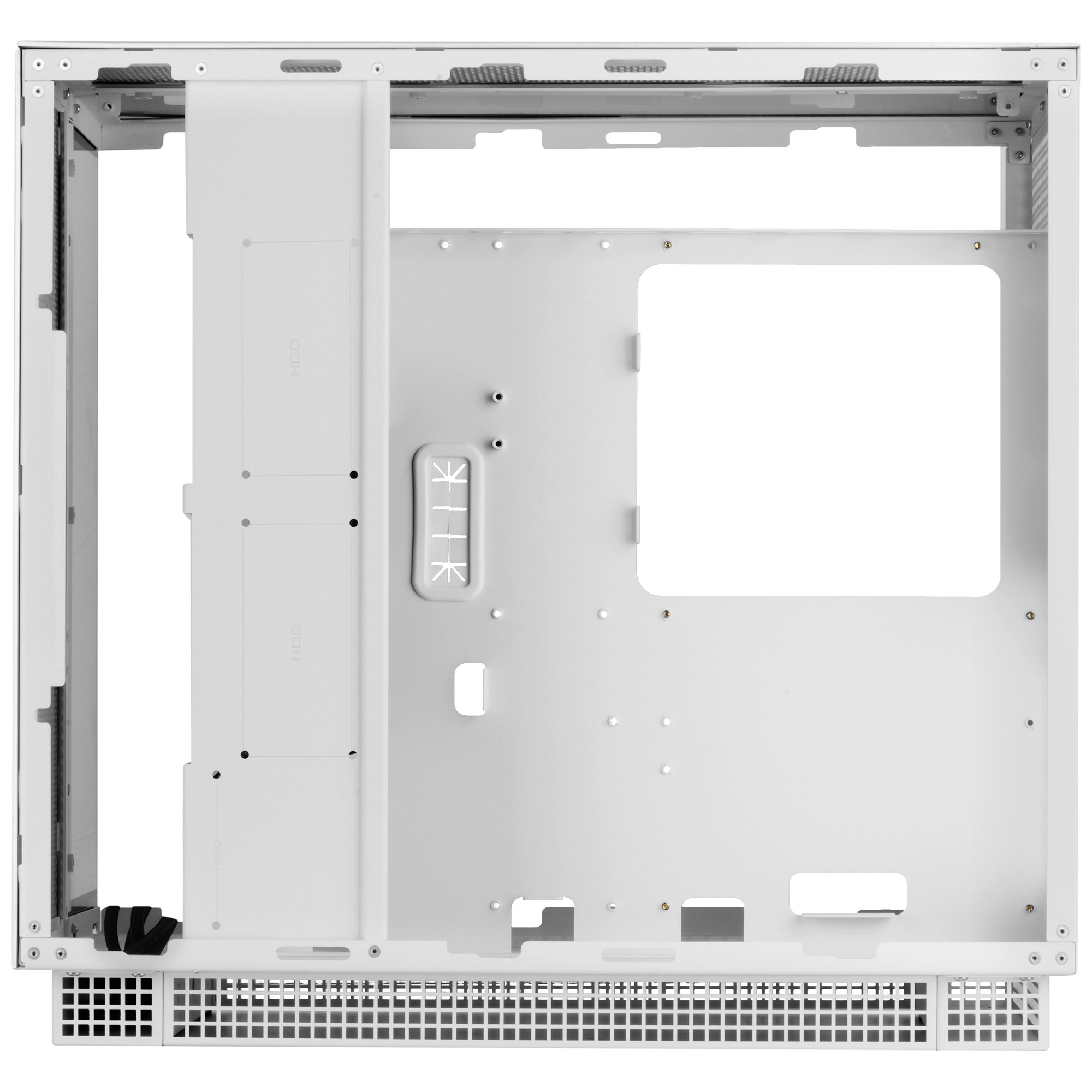 Interno di un case per computer bianco. Telaio vuoto con punti di montaggio per componenti. Design pulito e minimalista.