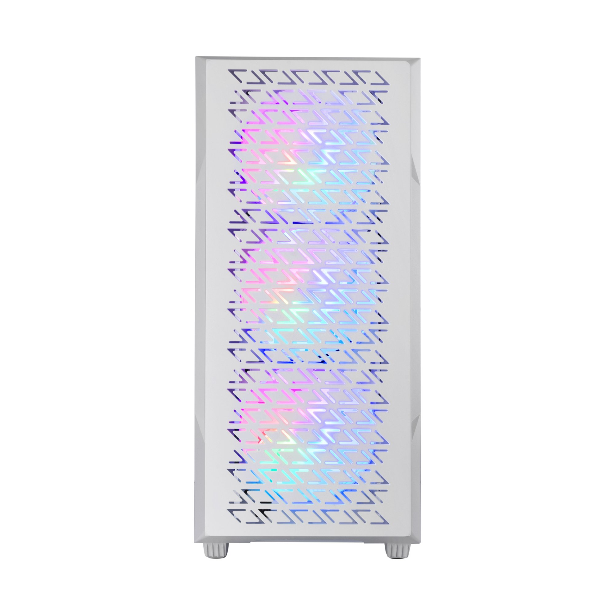 Pannello frontale del case PC bianco con illuminazione colorata, design geometrico e piedini.