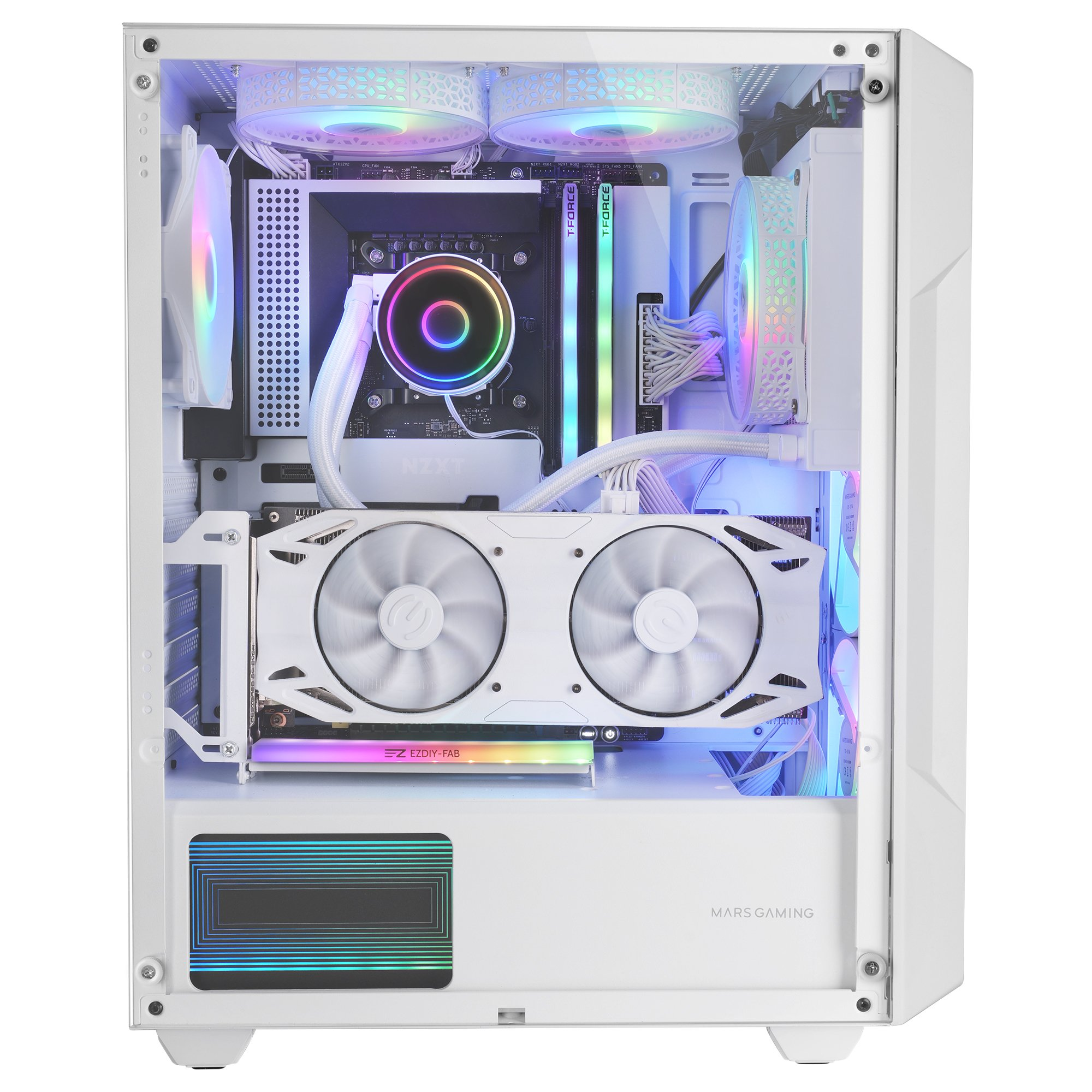 Interno del case PC bianco con componenti: GPU, dissipatore CPU, ventole, RGB.