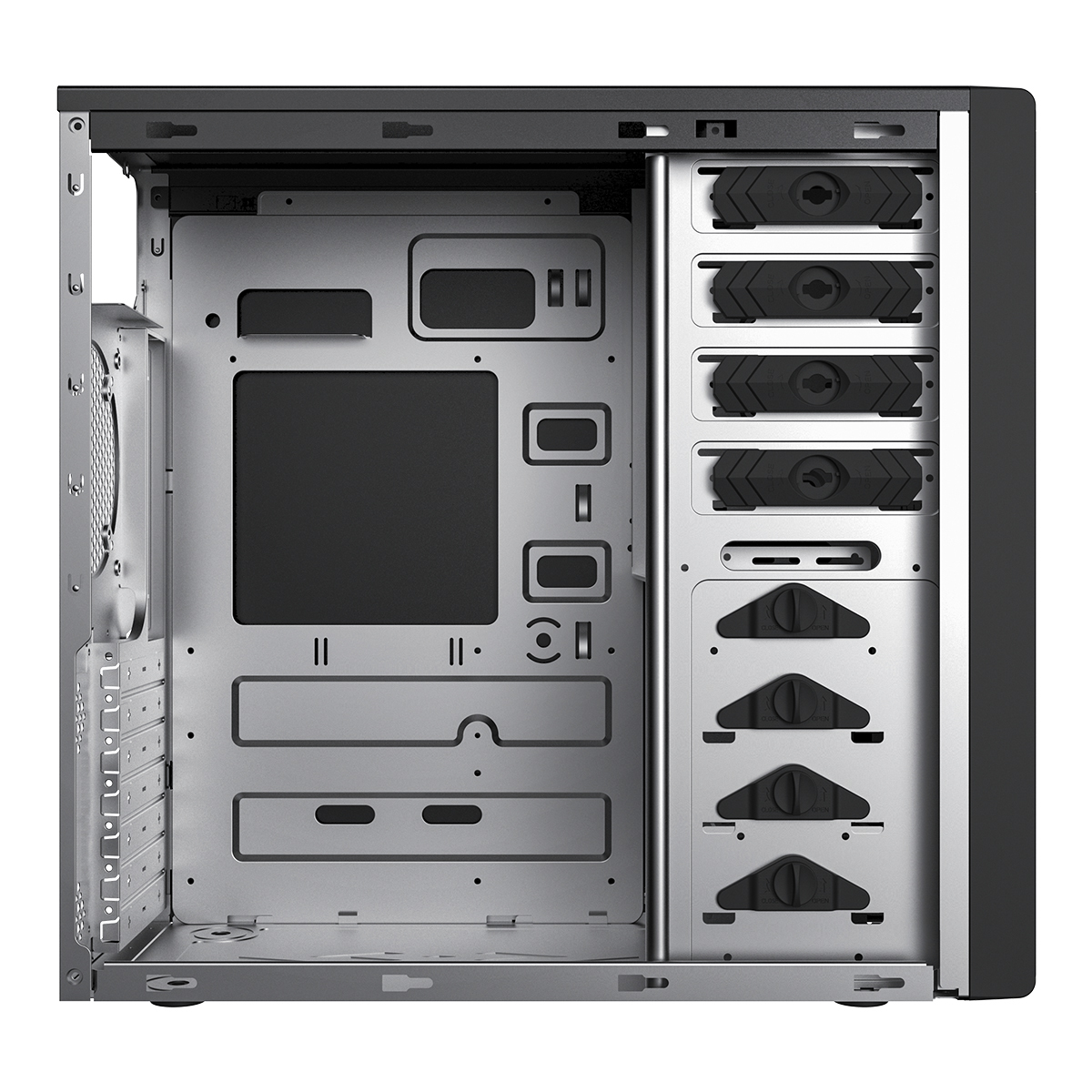 Interno di un case per computer. Mostra vani, telaio in metallo e componenti interni.