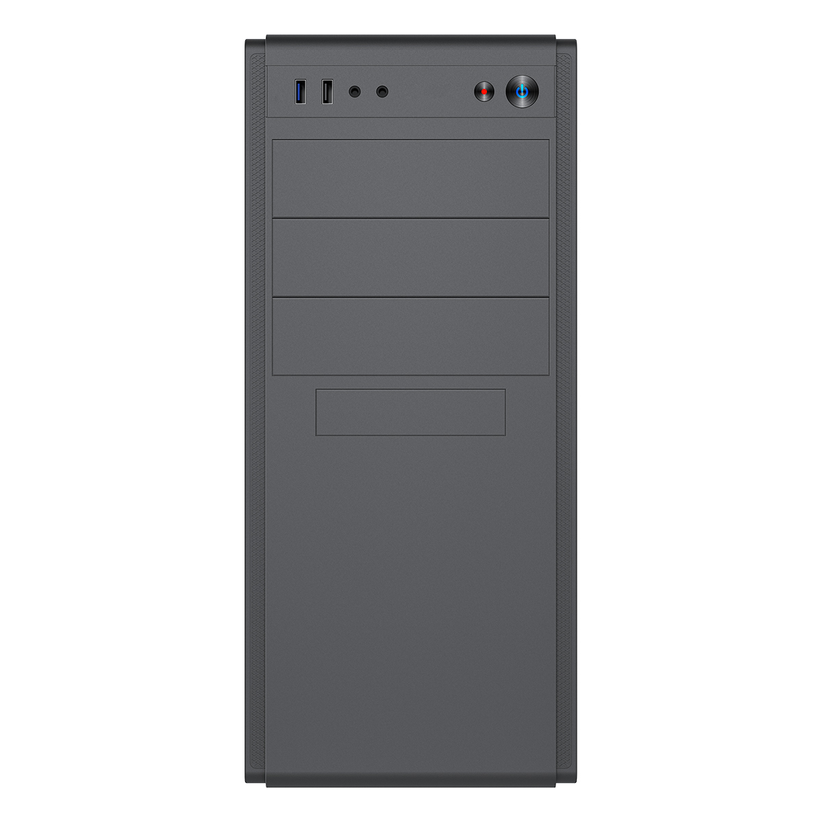 Vista frontale di un case per computer nero. Vani e porte sono visibili.