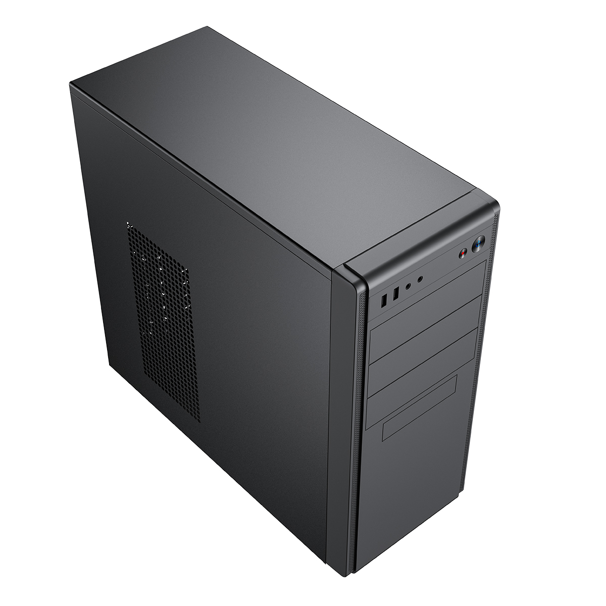 Vista angolata di un case per computer nero. Mostra la parte anteriore e superiore.