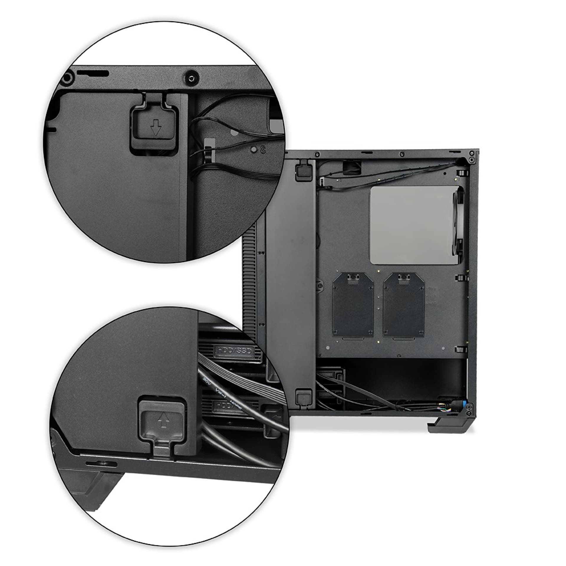 Zbliżenie wnętrza czarnej obudowy komputera. Zawiera elementy wewnętrzne, kable i panele dostępu.