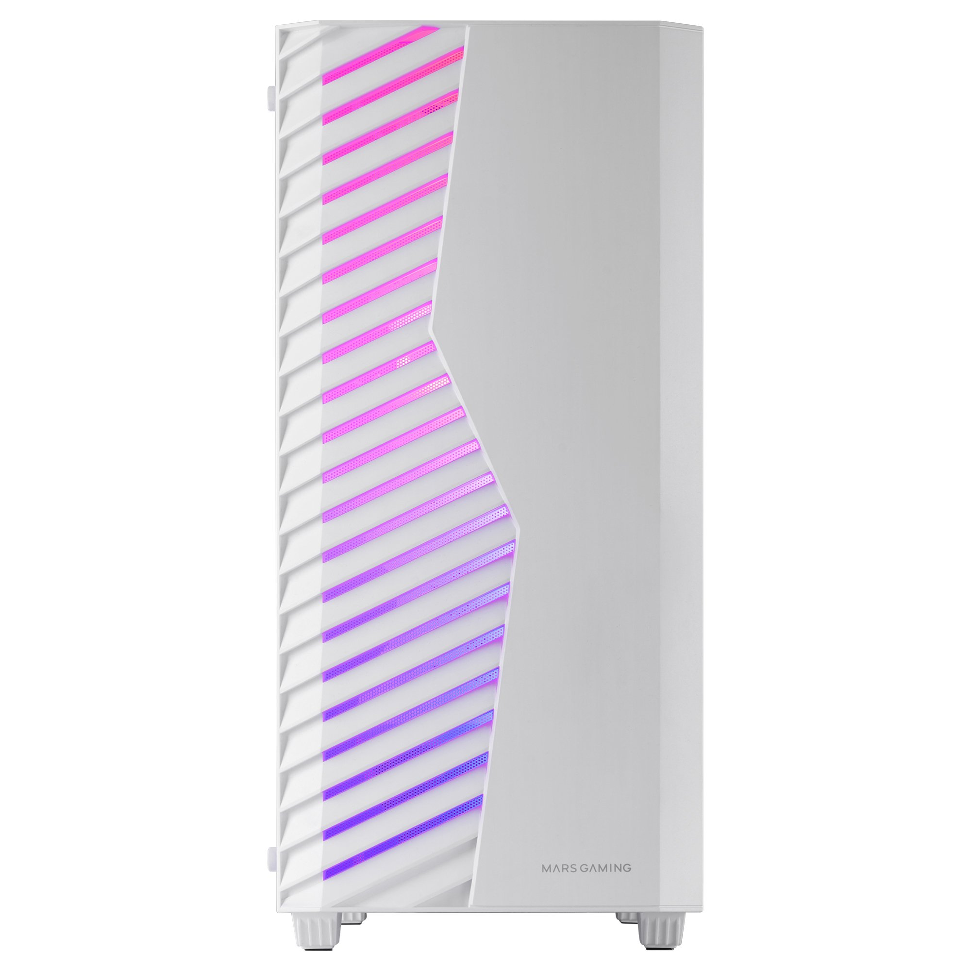 Case per computer bianco con una striscia luminosa colorata sul pannello frontale.