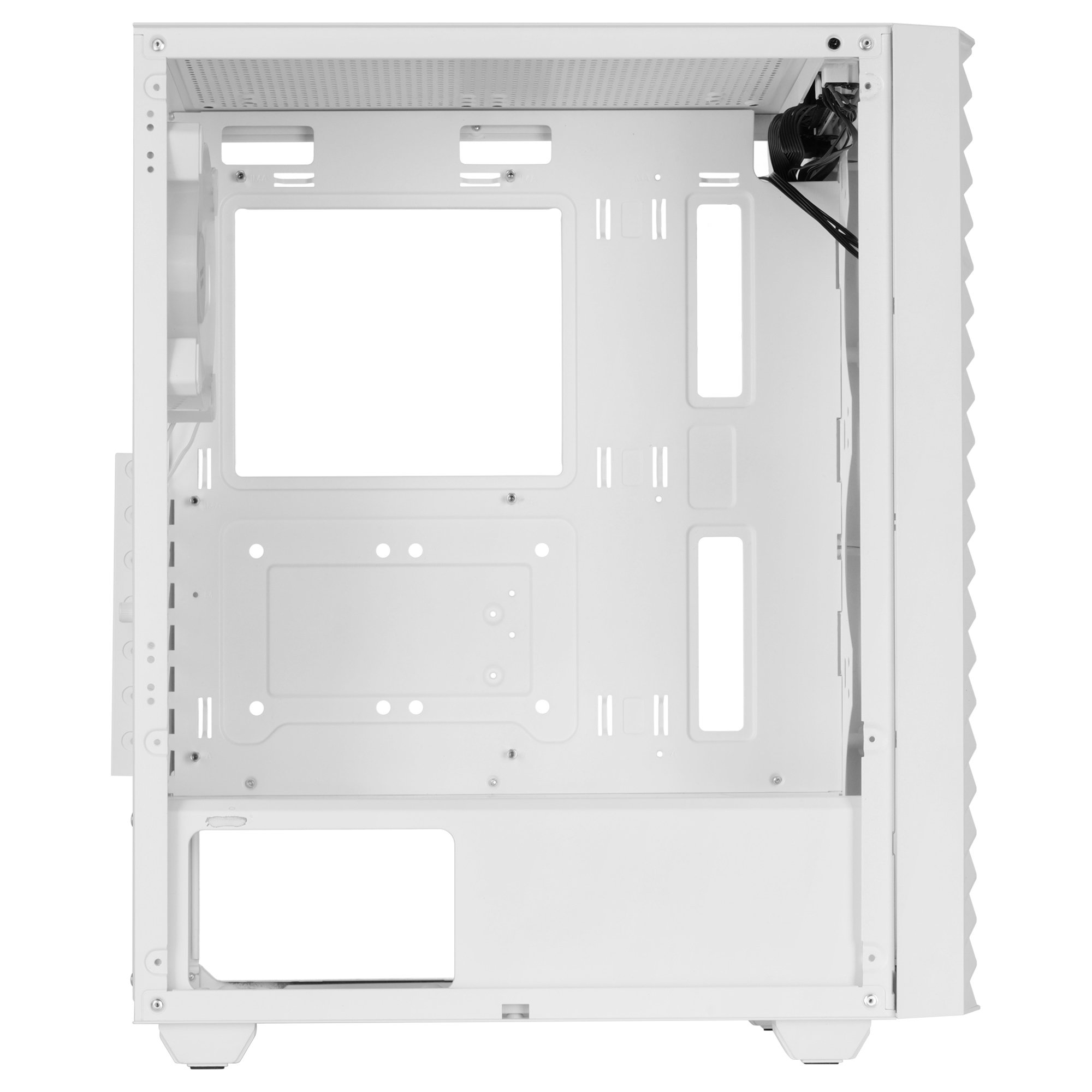 Interno di un case per computer bianco, vuoto, che mostra punti di montaggio e posizionamento ventola.