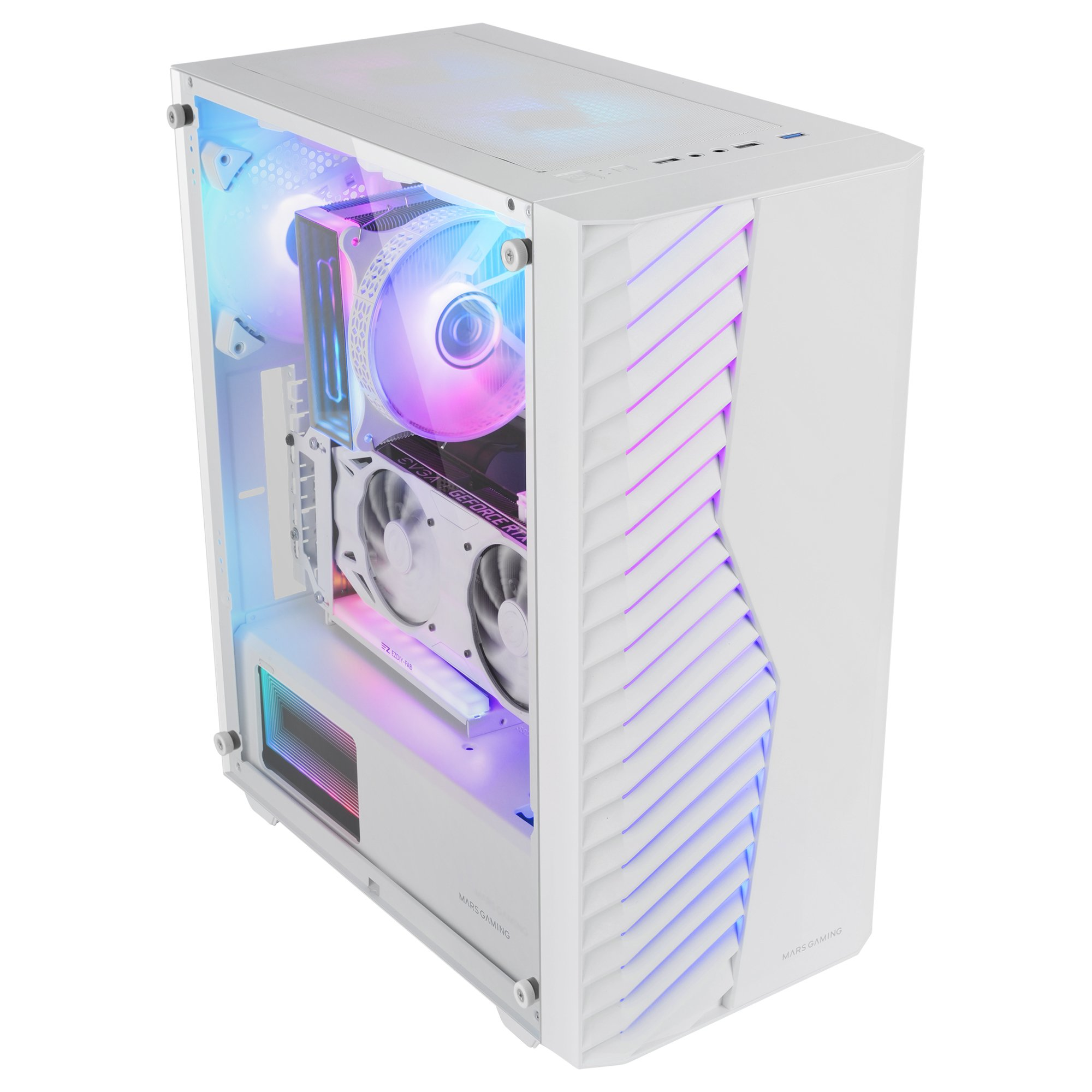 Case per computer bianco con lato in vetro, componenti interni visibili, con illuminazione RGB.