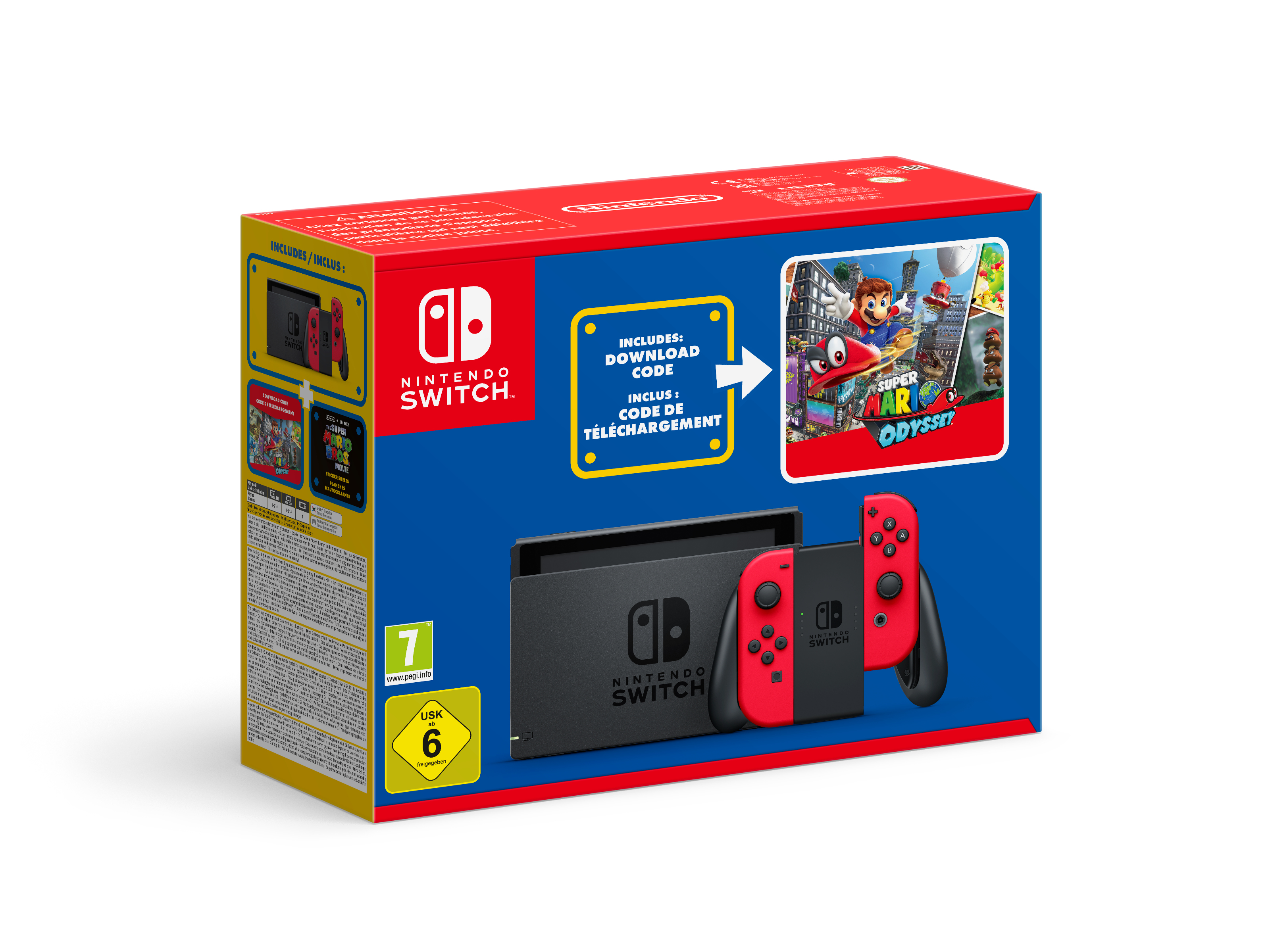 Nintendo Switch Box. Rote und schwarze Konsole mit roten Joy-Cons. Spielbox enthalten.