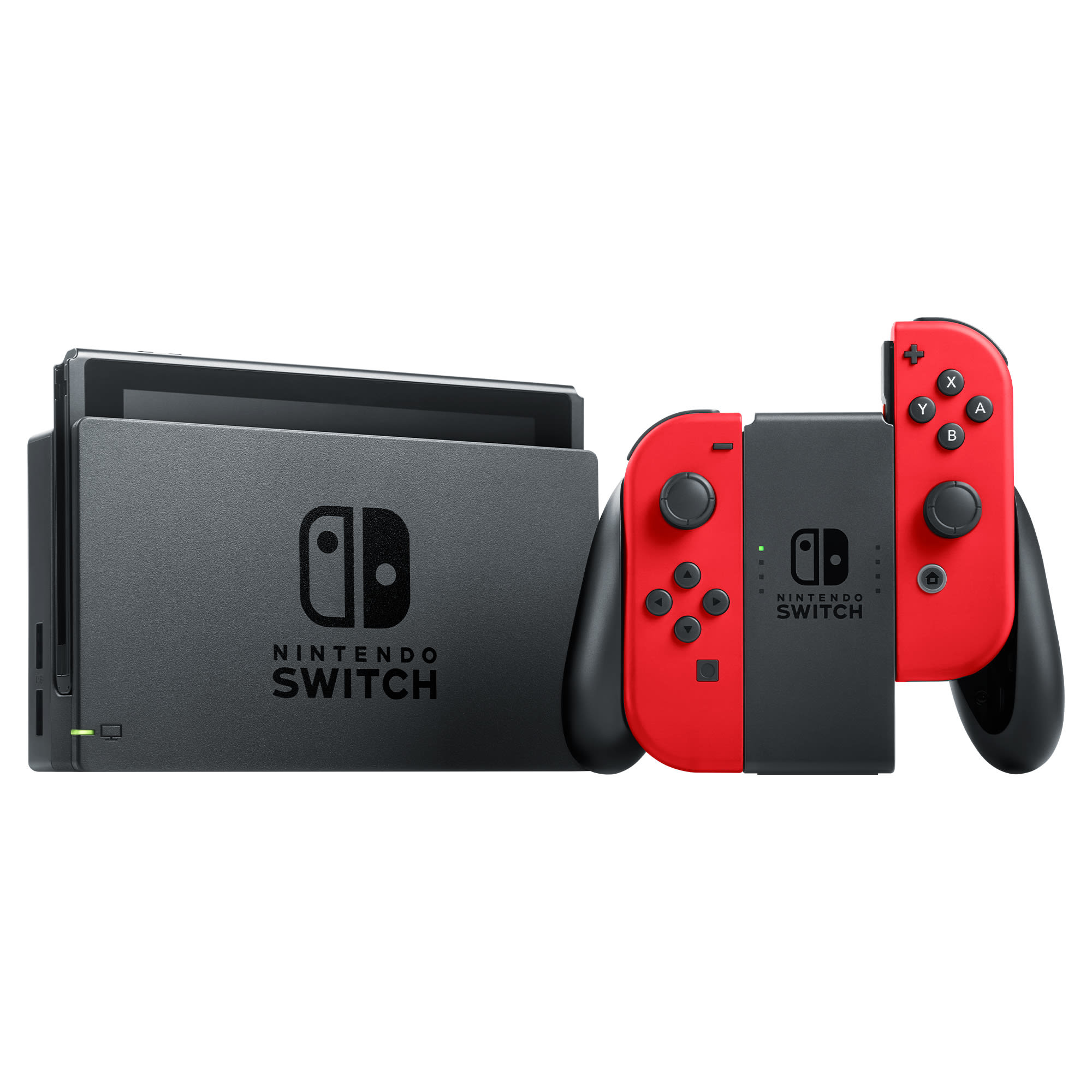 Nintendo Switch-Konsole mit roten Controllern und einer Dockingstation. Die Konsole ist schwarz. Weißer Hintergrund.